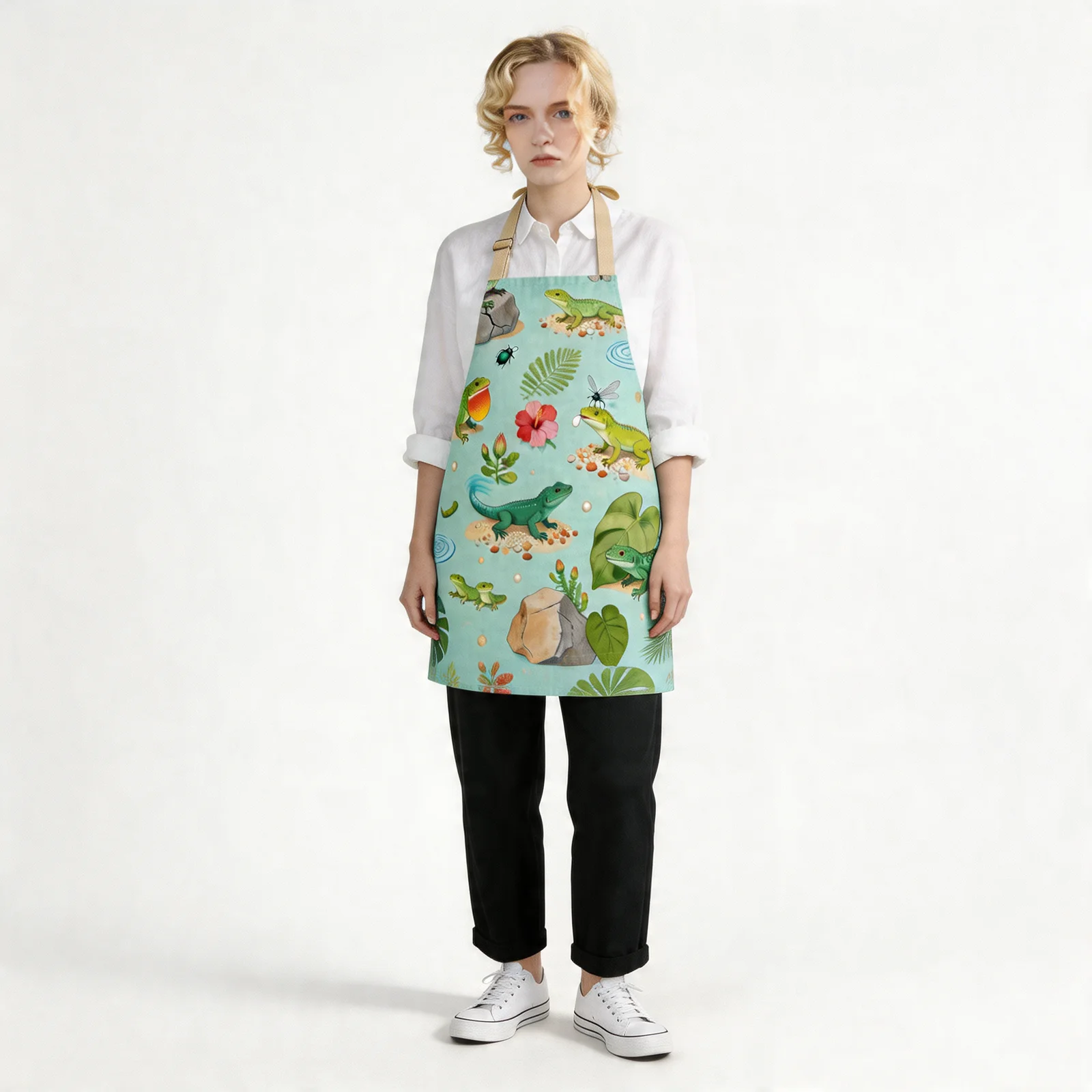 Tropical Lizard Collage All-Over Print Apron — worn by model