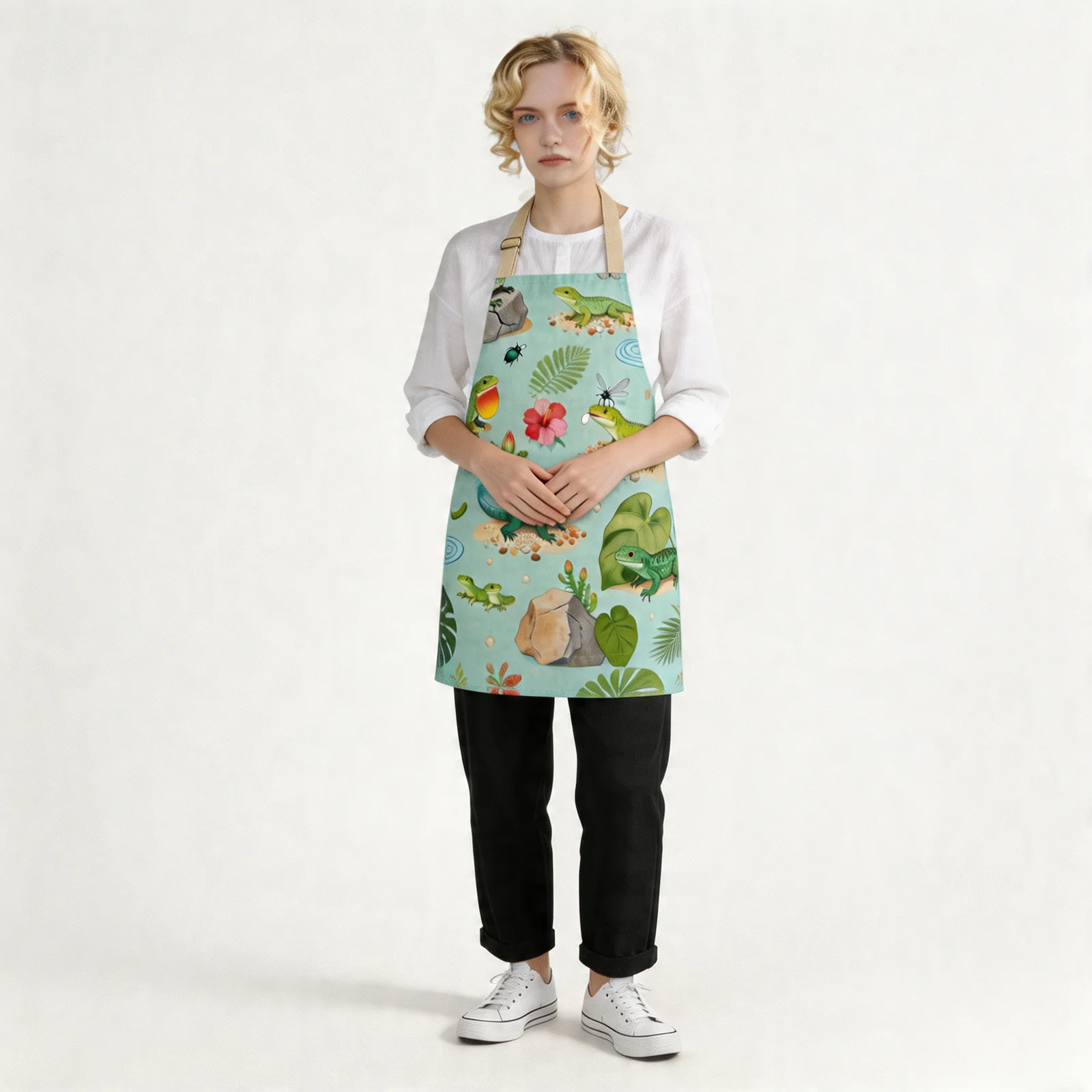 Tropical Lizard Collage All-Over Print Apron — worn by model