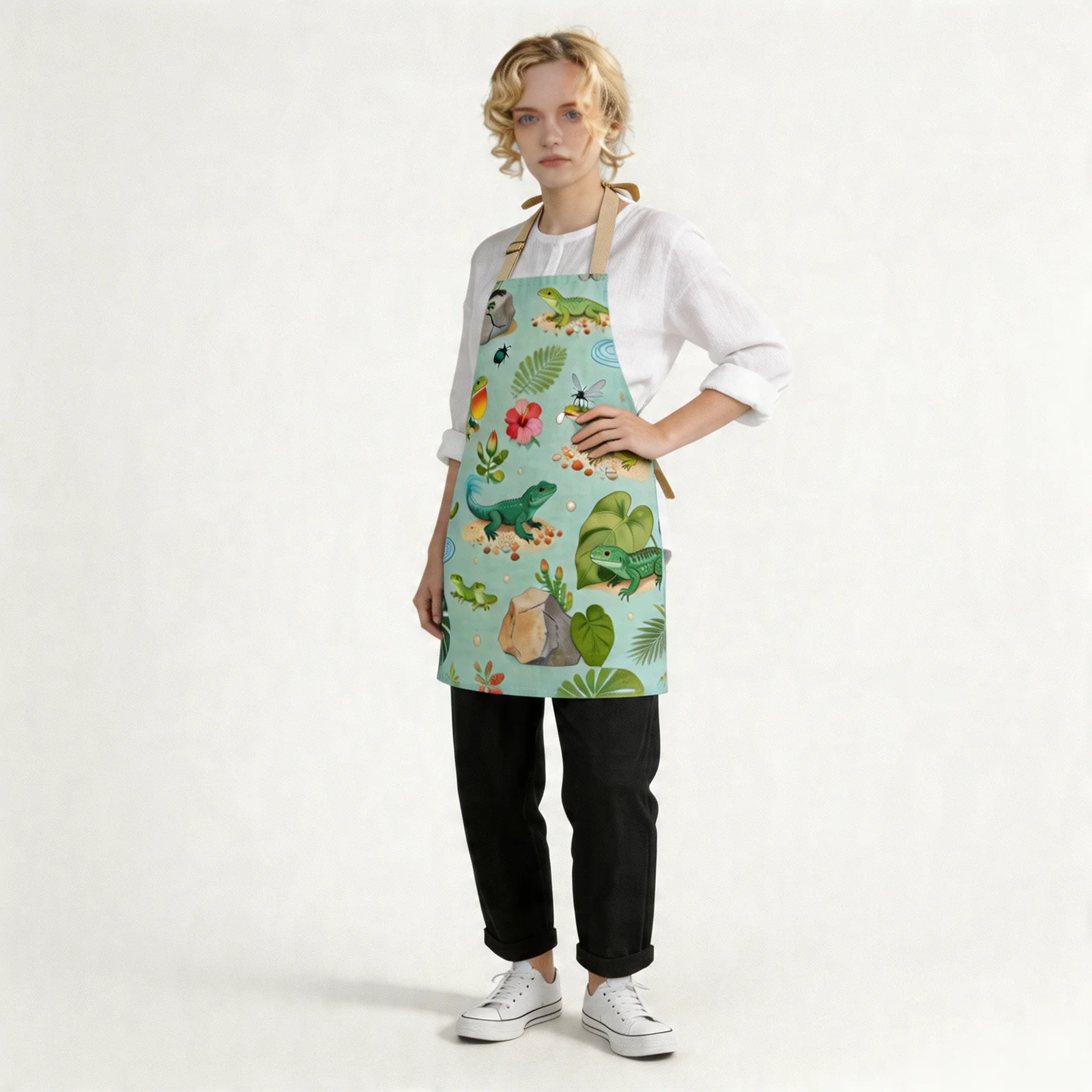 Tropical Lizard Collage All-Over Print Apron — worn by model