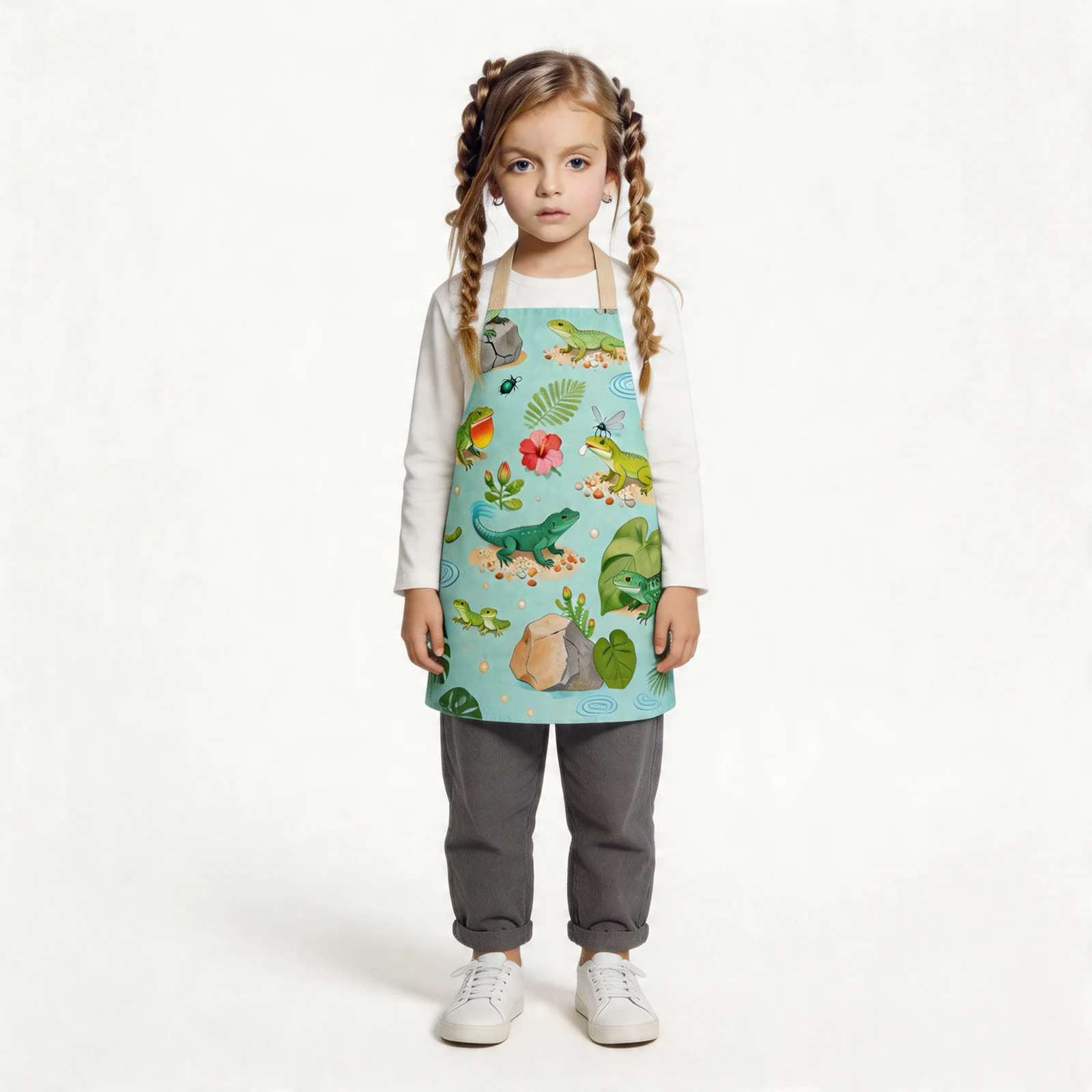 Tropical Lizard Collage All-Over Print Apron — worn by young model