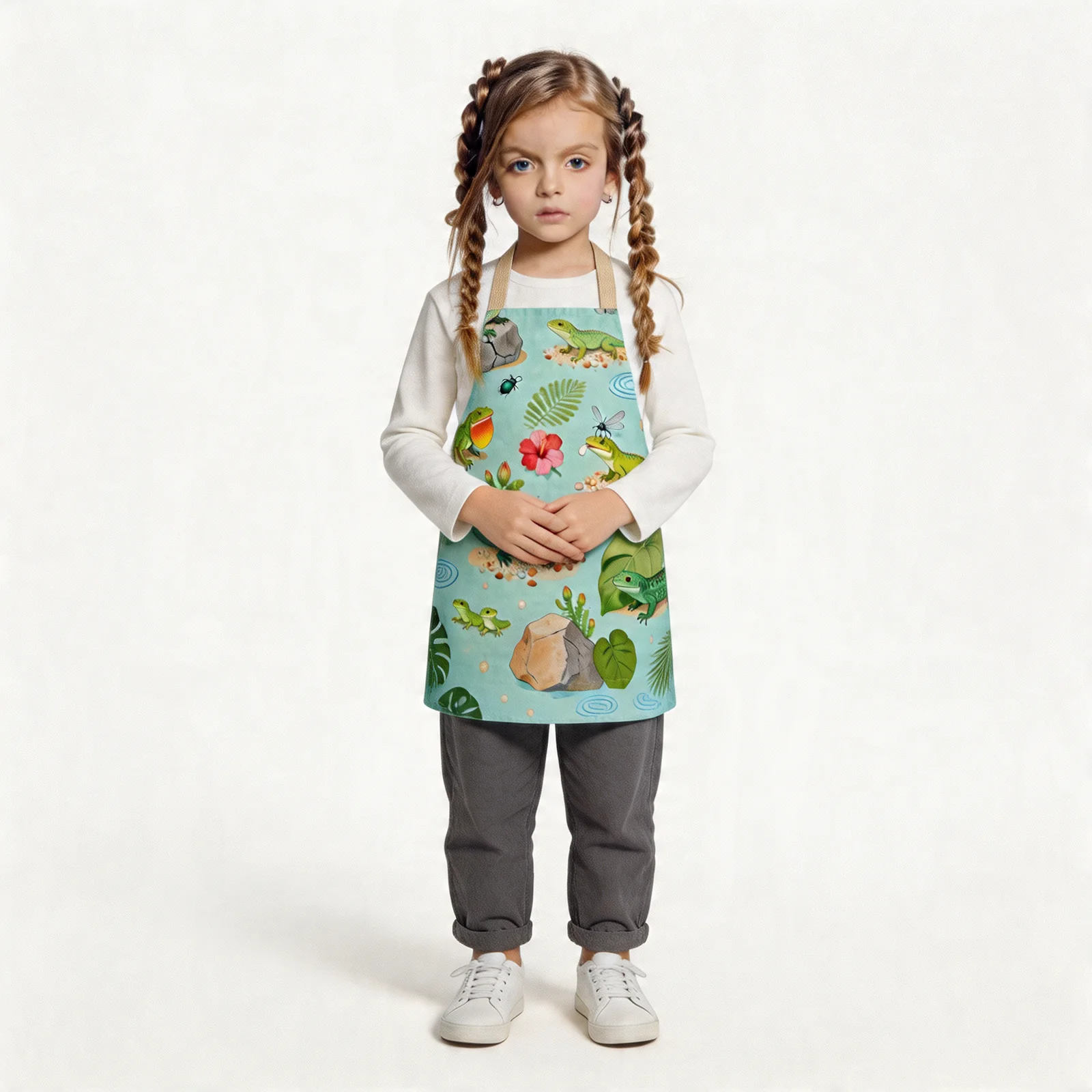 Tropical Lizard Collage All-Over Print Apron — worn by young model