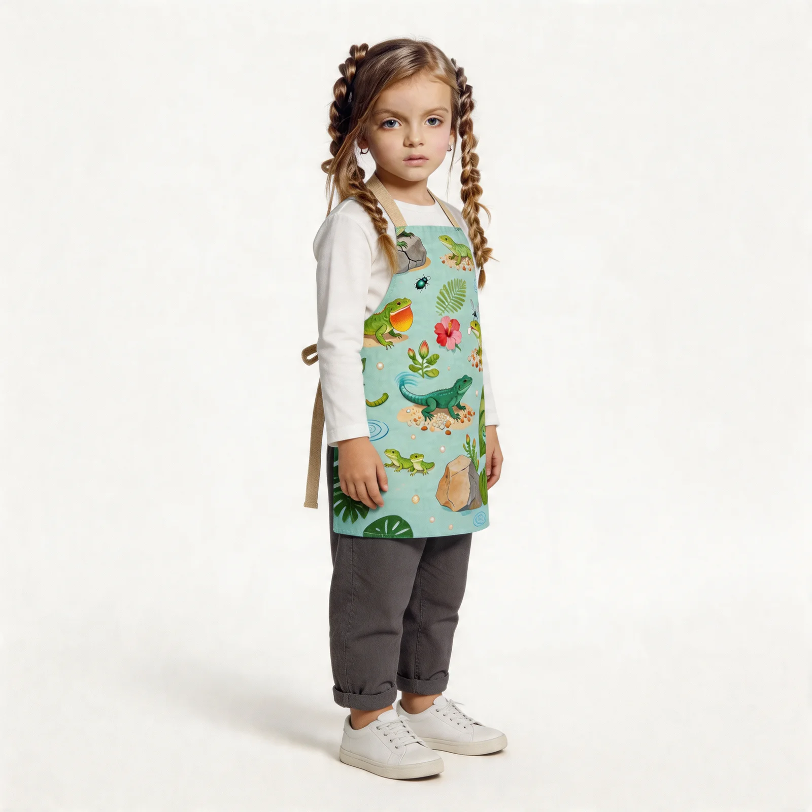 Tropical Lizard Collage All-Over Print Apron — worn by young model