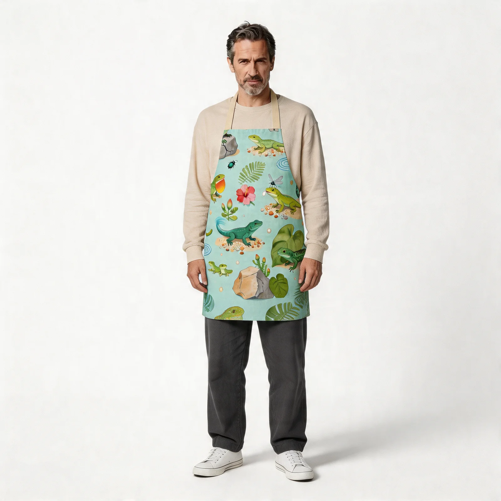 Tropical Lizard Collage All-Over Print Apron — worn by model