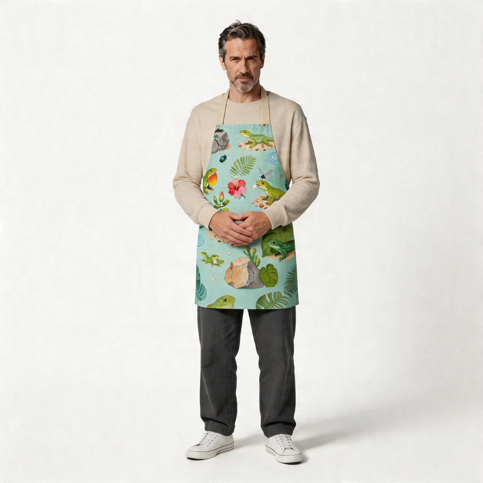 Tropical Lizard Collage All-Over Print Apron — worn by model