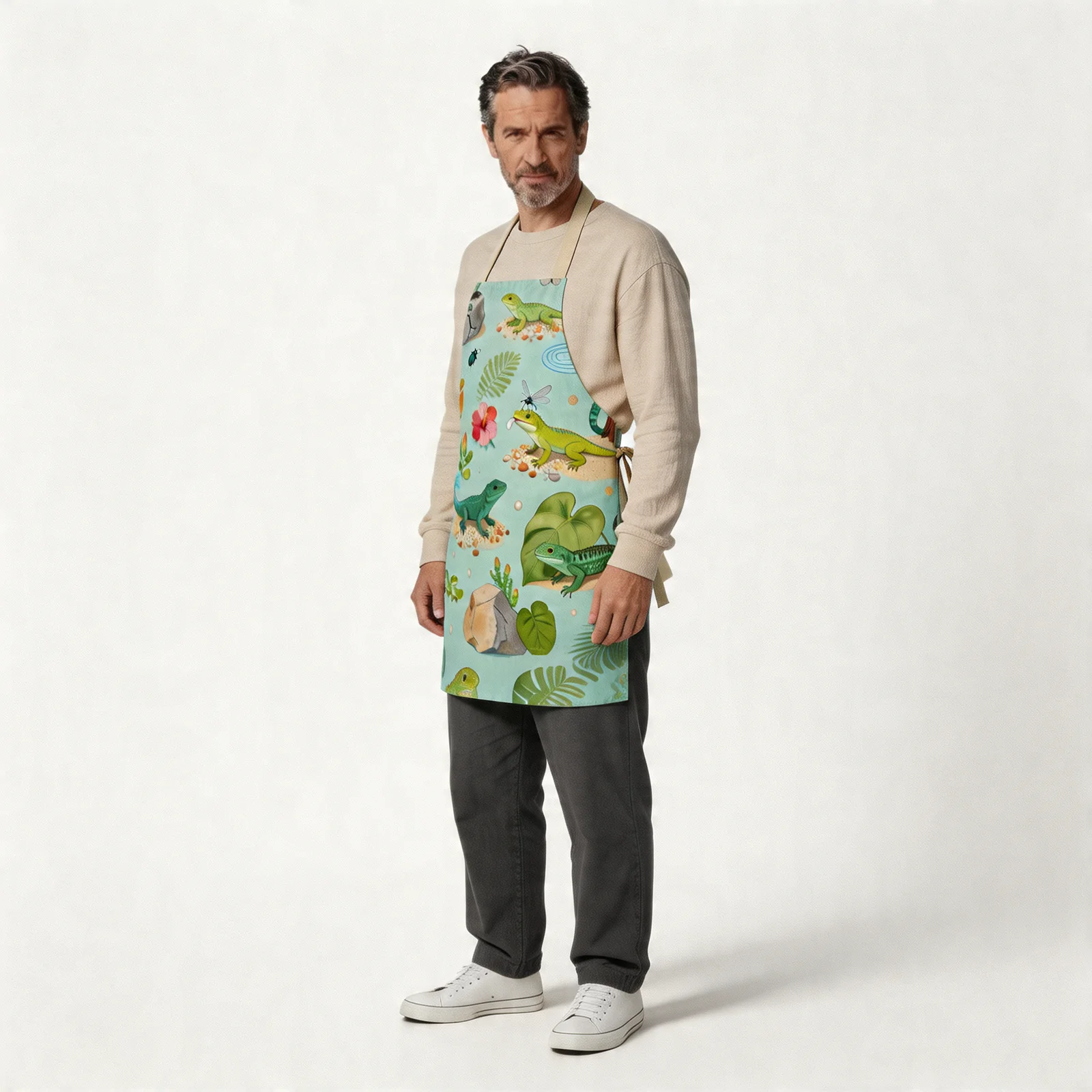 Tropical Lizard Collage All-Over Print Apron — worn by model