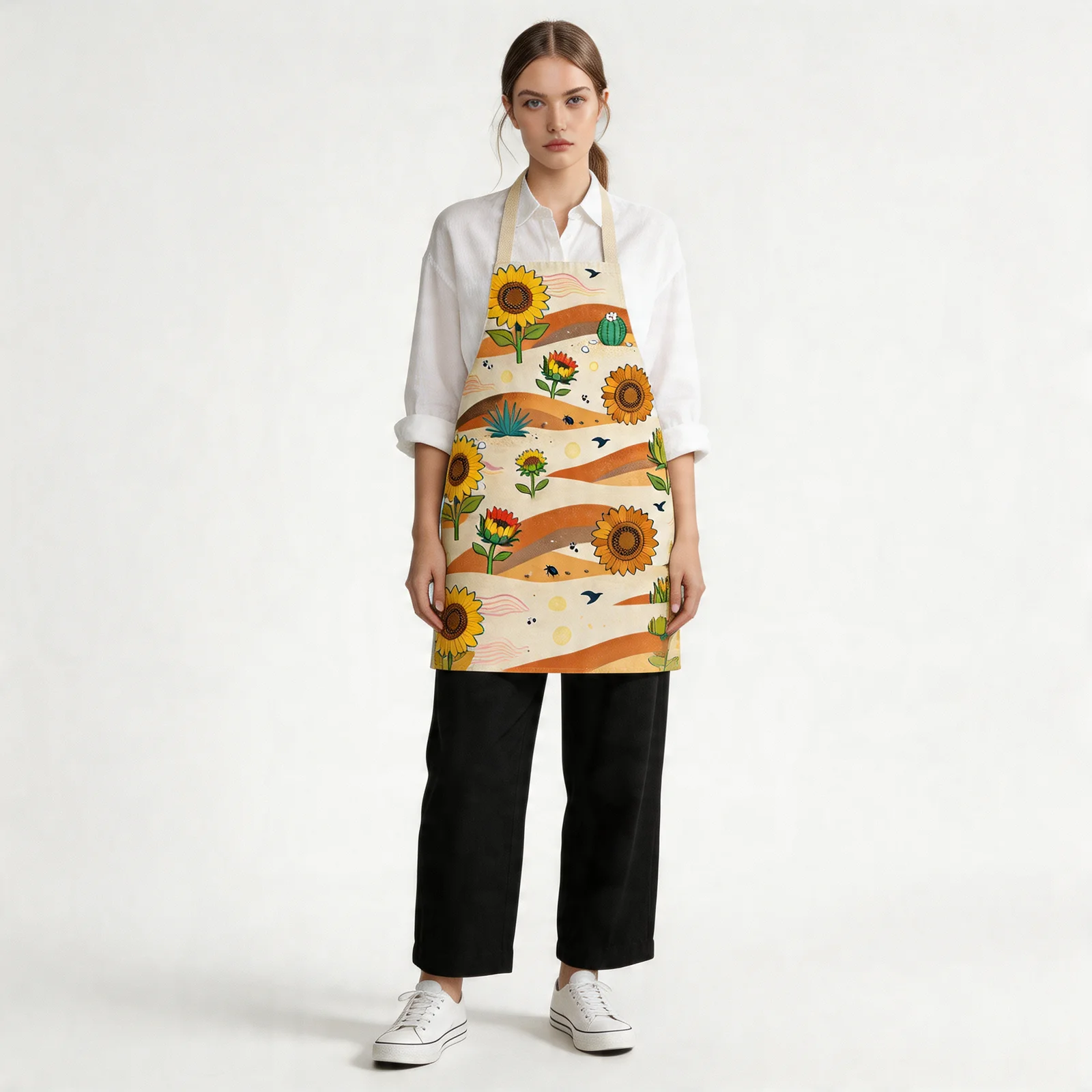 Desert Sunflowers All-Over Print Apron — worn by model