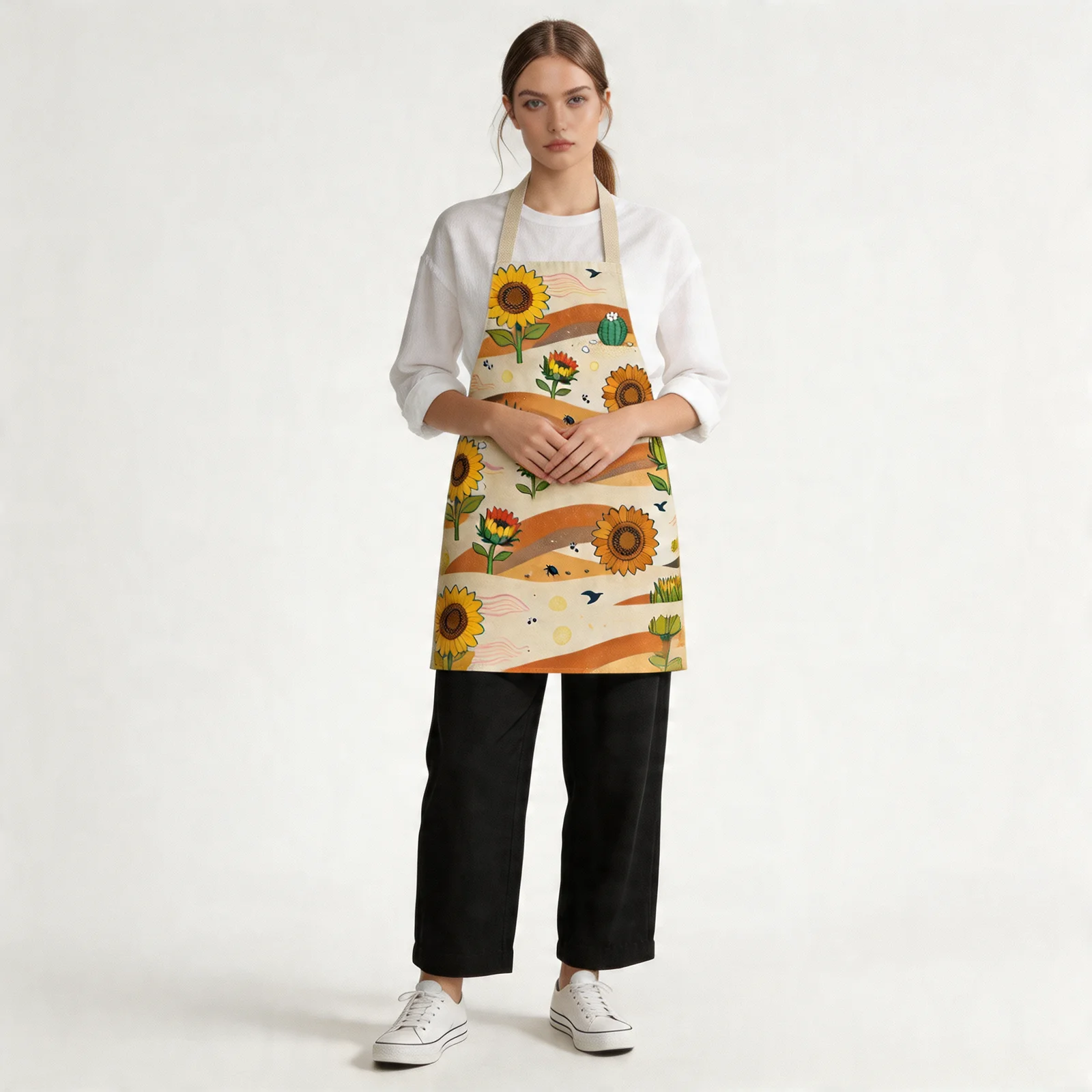 Desert Sunflowers All-Over Print Apron — worn by model