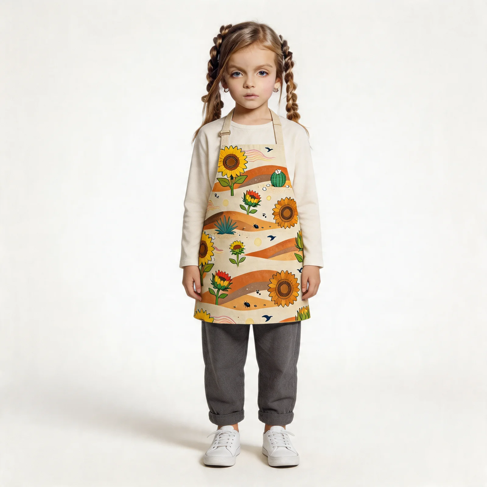 Desert Sunflowers All-Over Print Apron — worn by young model