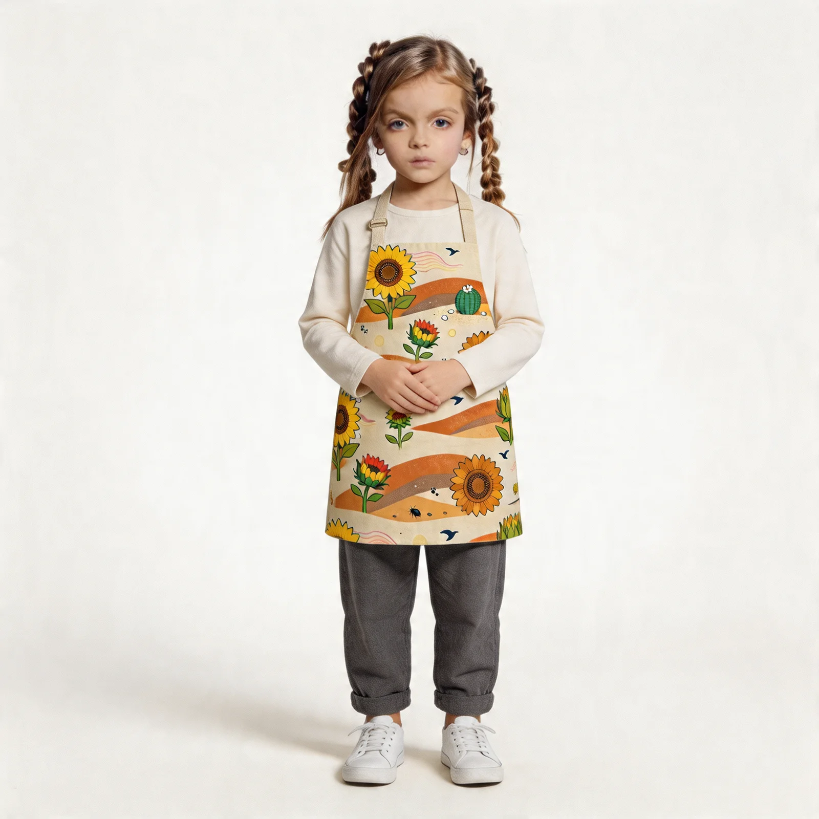 Desert Sunflowers All-Over Print Apron — worn by young model