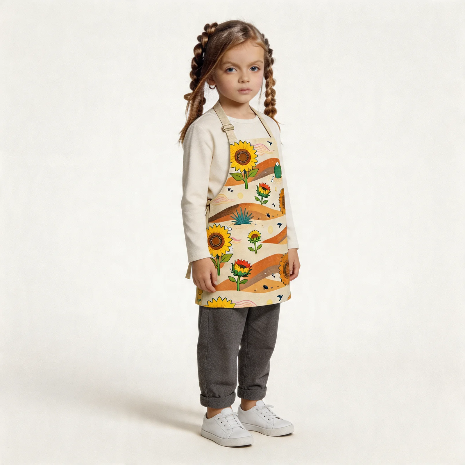 Desert Sunflowers All-Over Print Apron — worn by young model