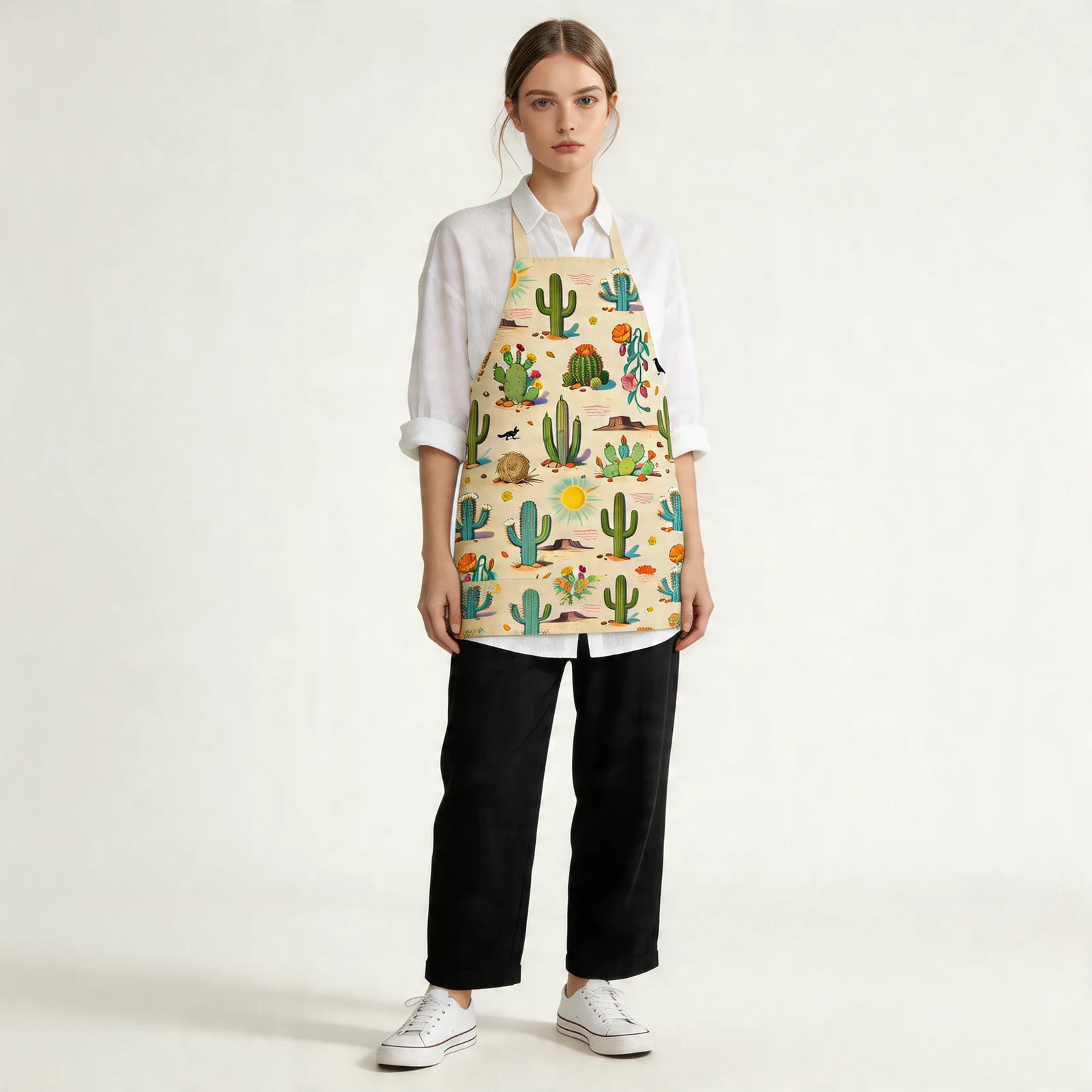 Sunlit Desert Cactus All-Over Print Apron — worn by model