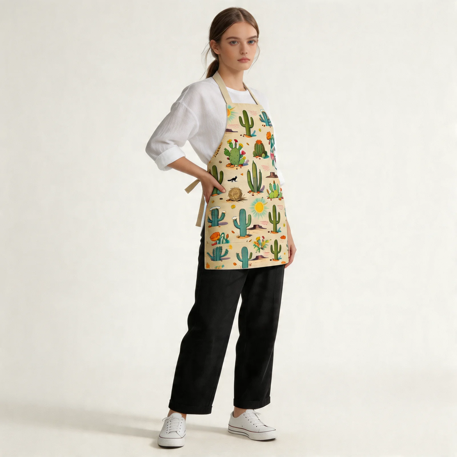Sunlit Desert Cactus All-Over Print Apron — worn by model