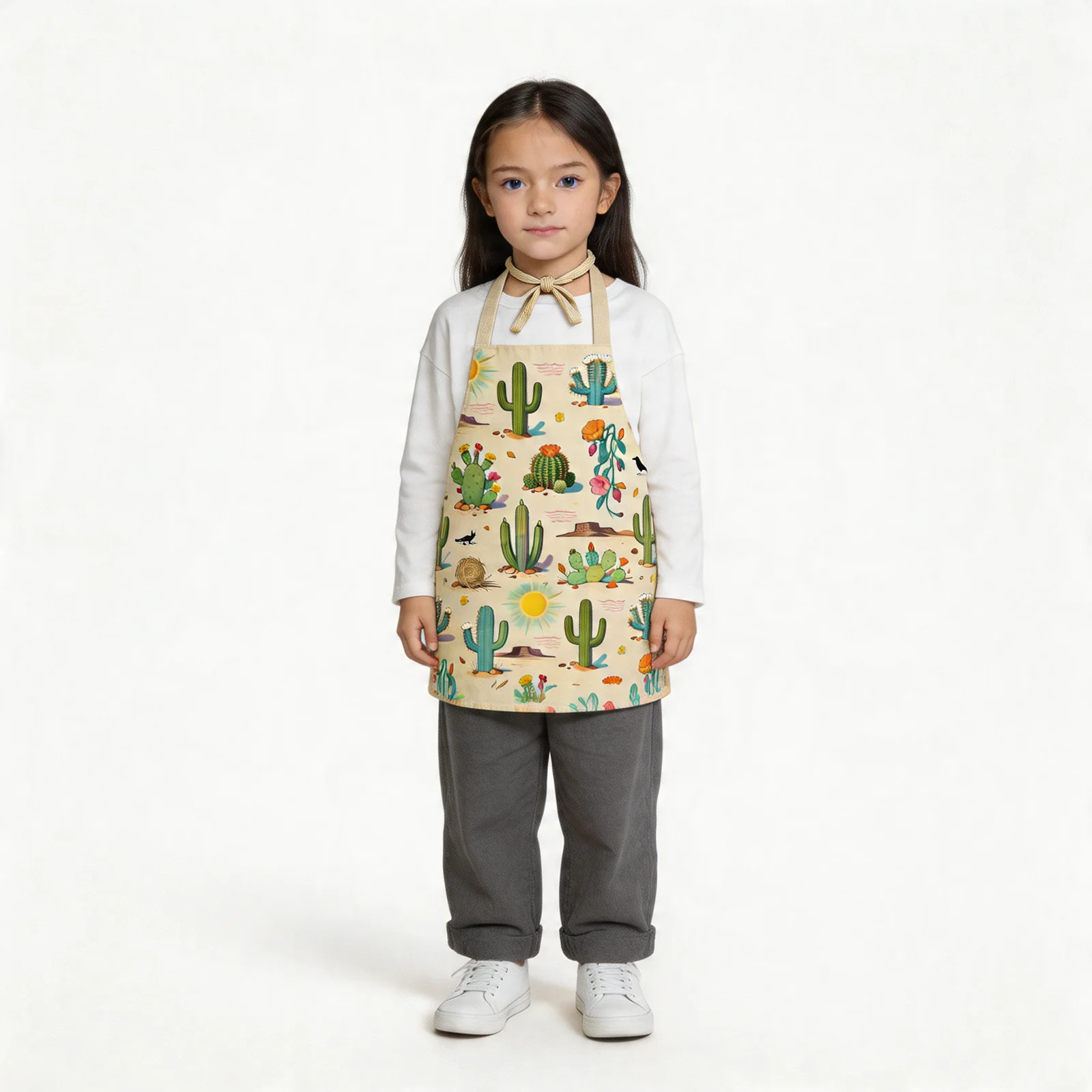 Sunlit Desert Cactus All-Over Print Apron — worn by young model