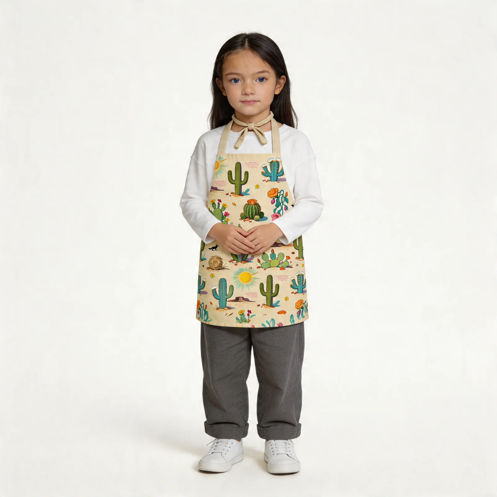 Sunlit Desert Cactus All-Over Print Apron — worn by young model