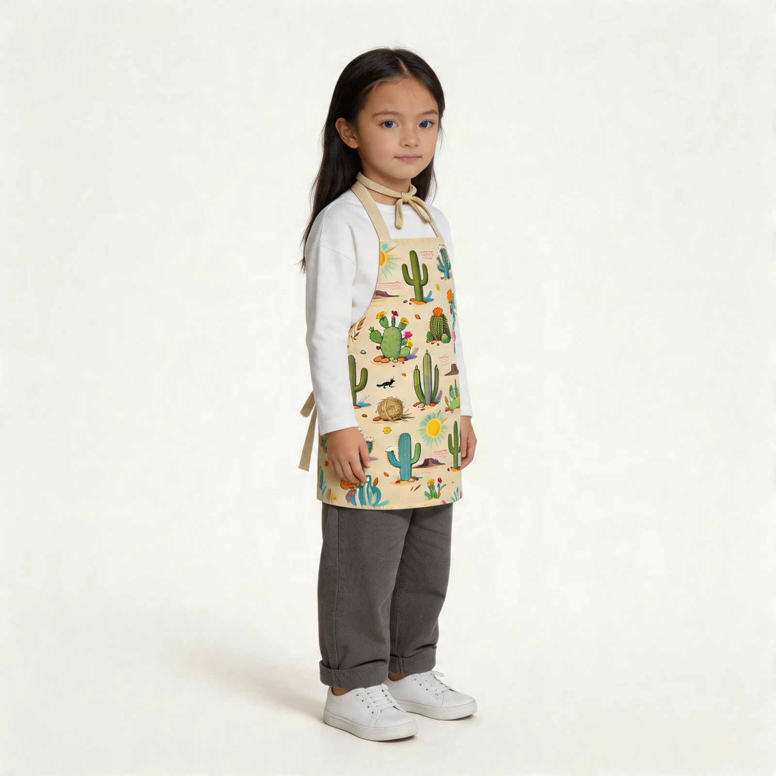 Sunlit Desert Cactus All-Over Print Apron — worn by young model