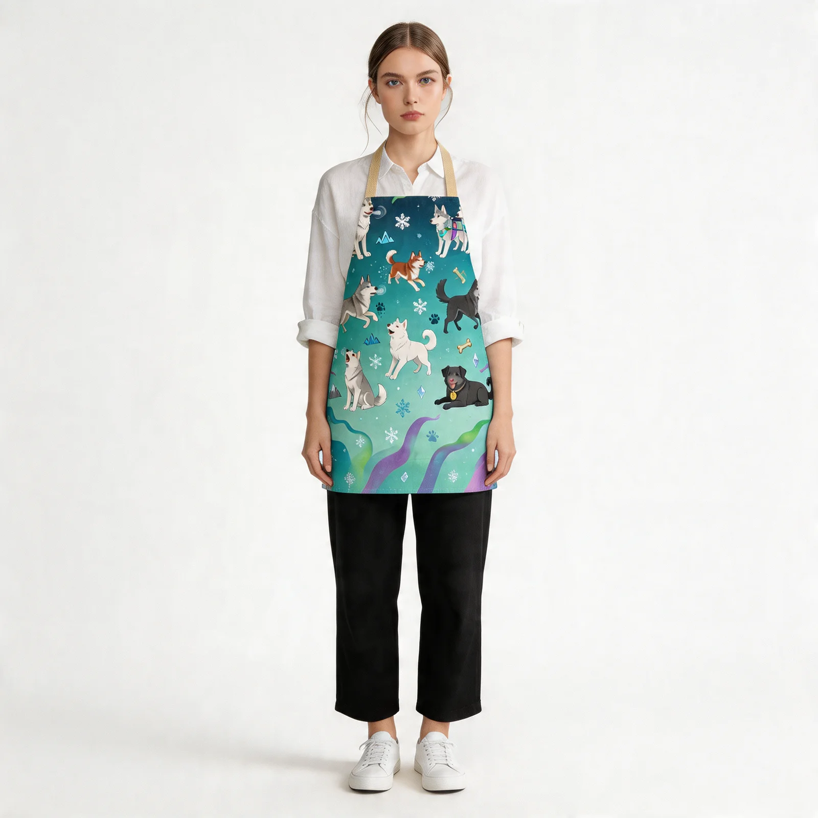 Aurora Husky Parade All-Over Print Apron — worn by model
