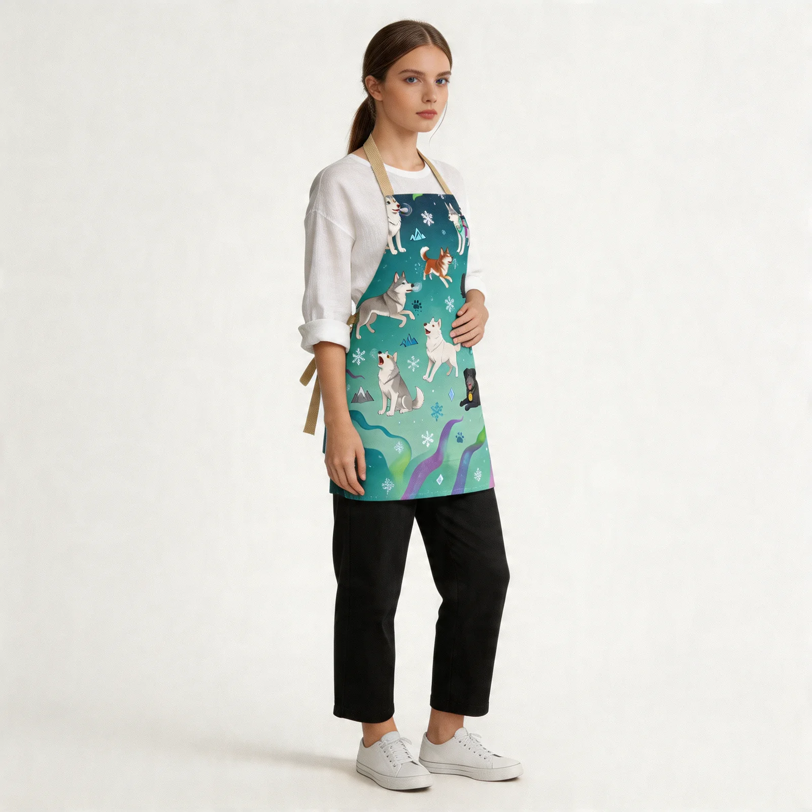 Aurora Husky Parade All-Over Print Apron — worn by model