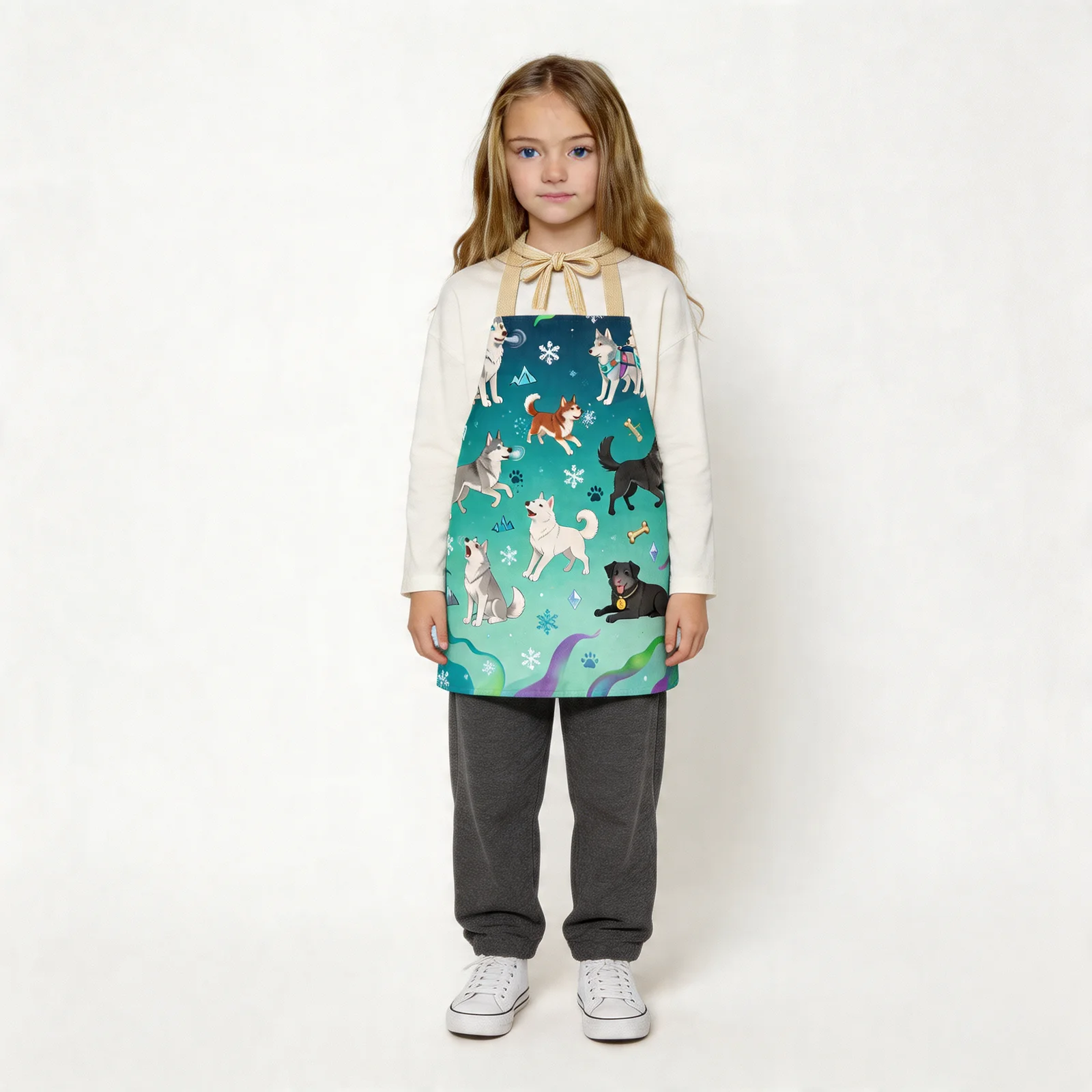 Aurora Husky Parade All-Over Print Apron — worn by young model