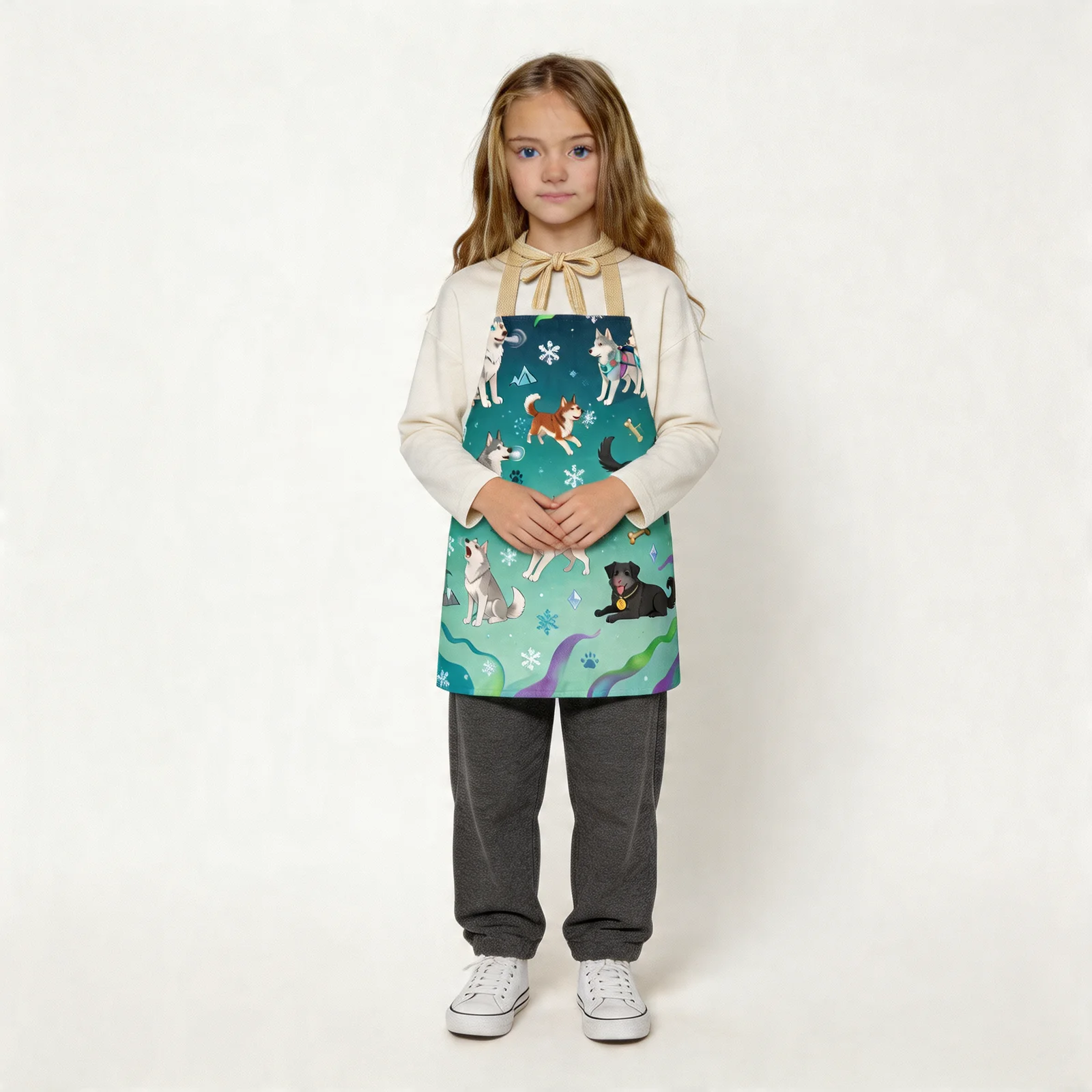 Aurora Husky Parade All-Over Print Apron — worn by young model