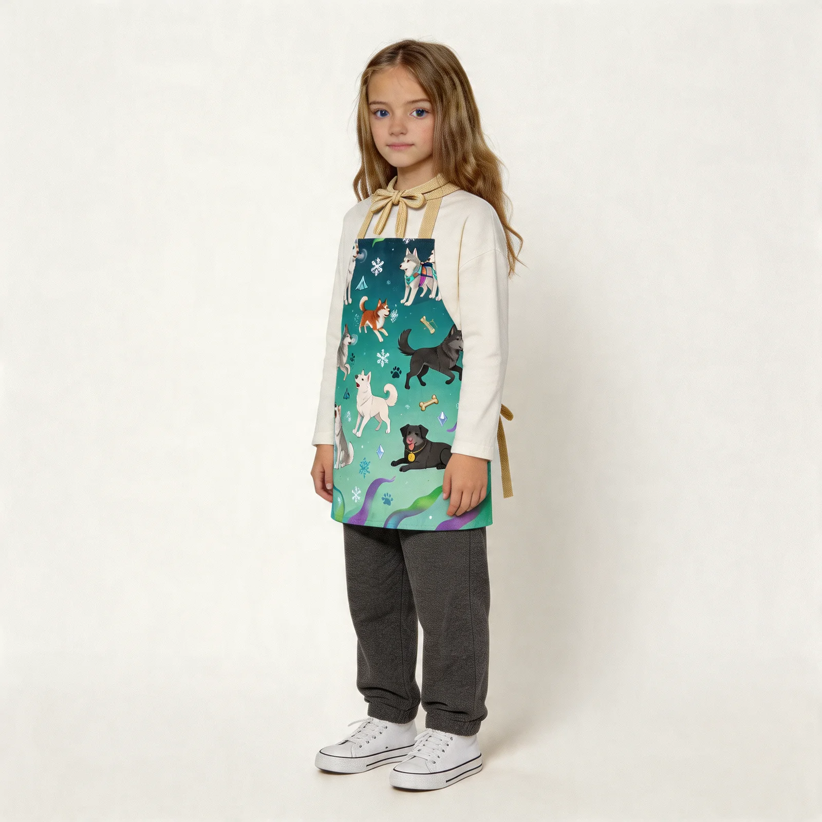 Aurora Husky Parade All-Over Print Apron — worn by young model