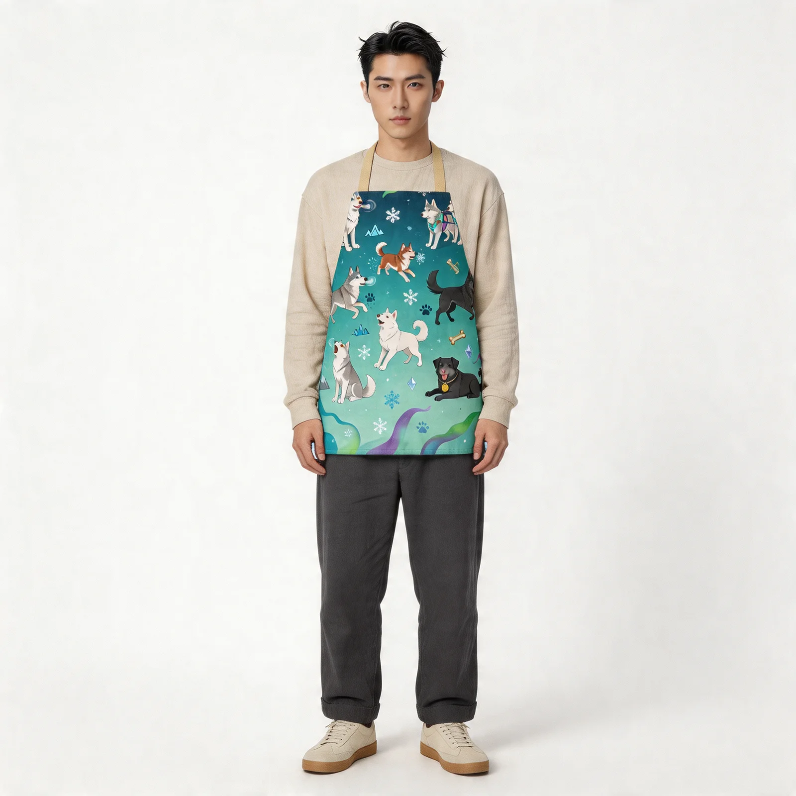 Aurora Husky Parade All-Over Print Apron — worn by model