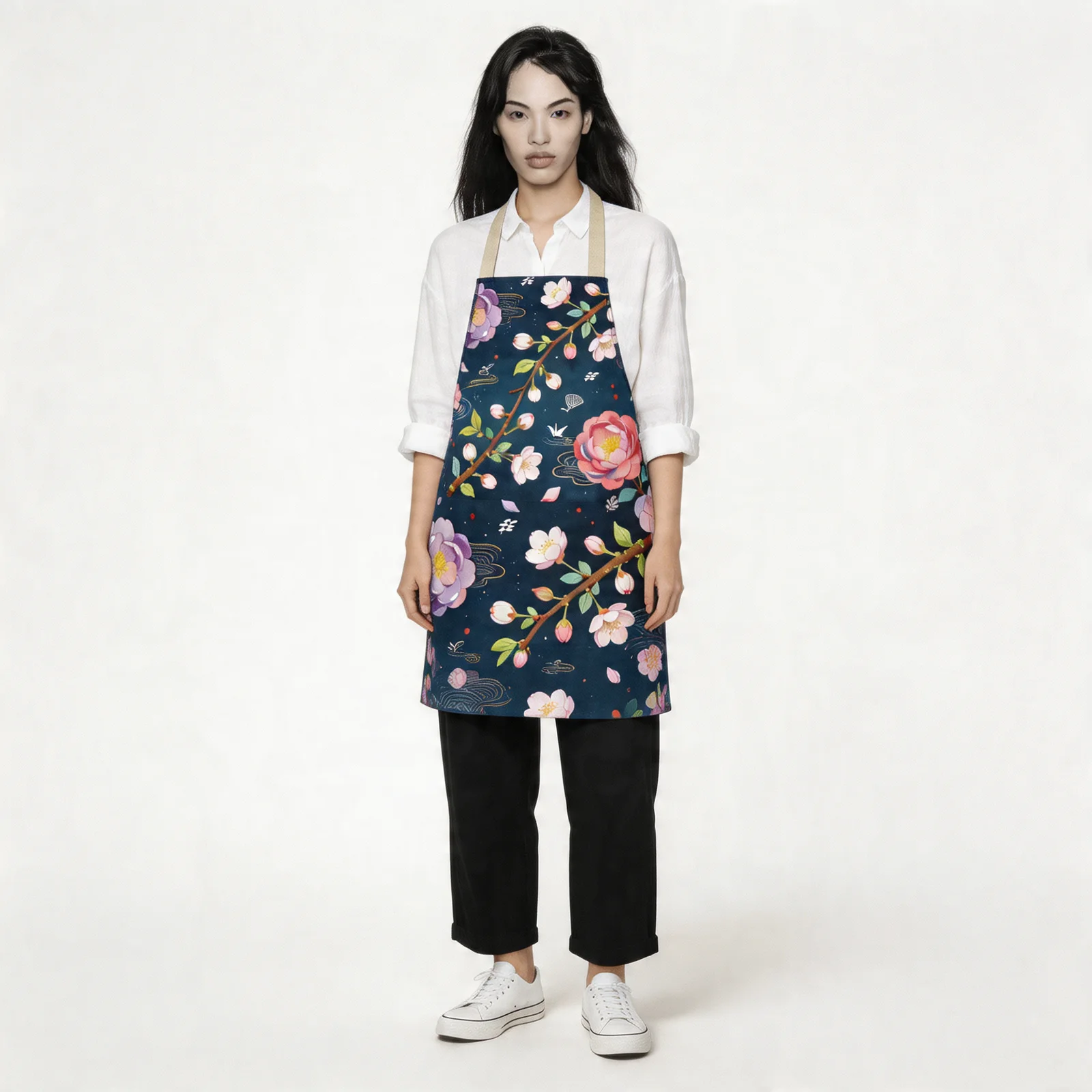 Night Sakura & Spring Breeze Harmony All-Over Print Apron — worn by model