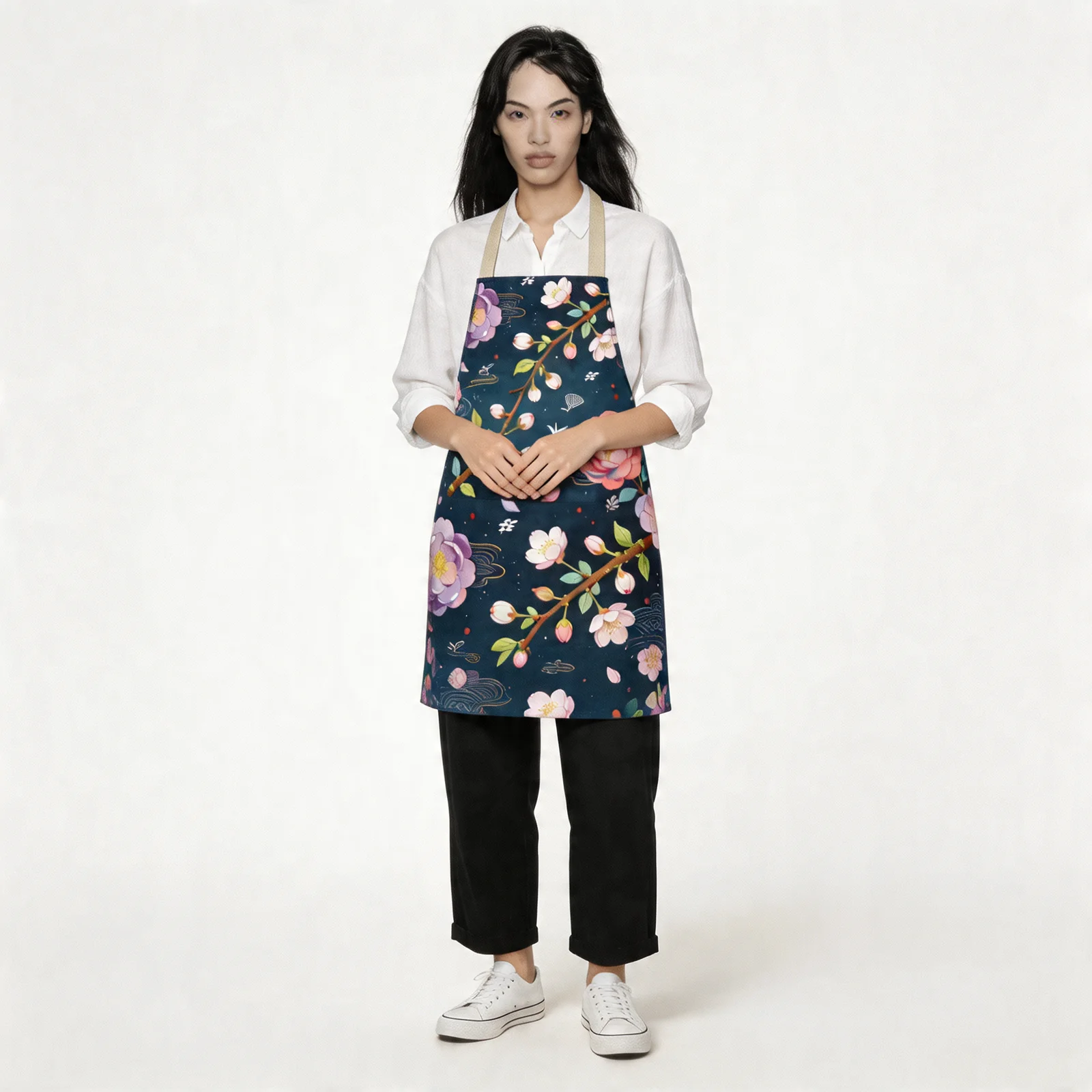 Night Sakura & Spring Breeze Harmony All-Over Print Apron — worn by model