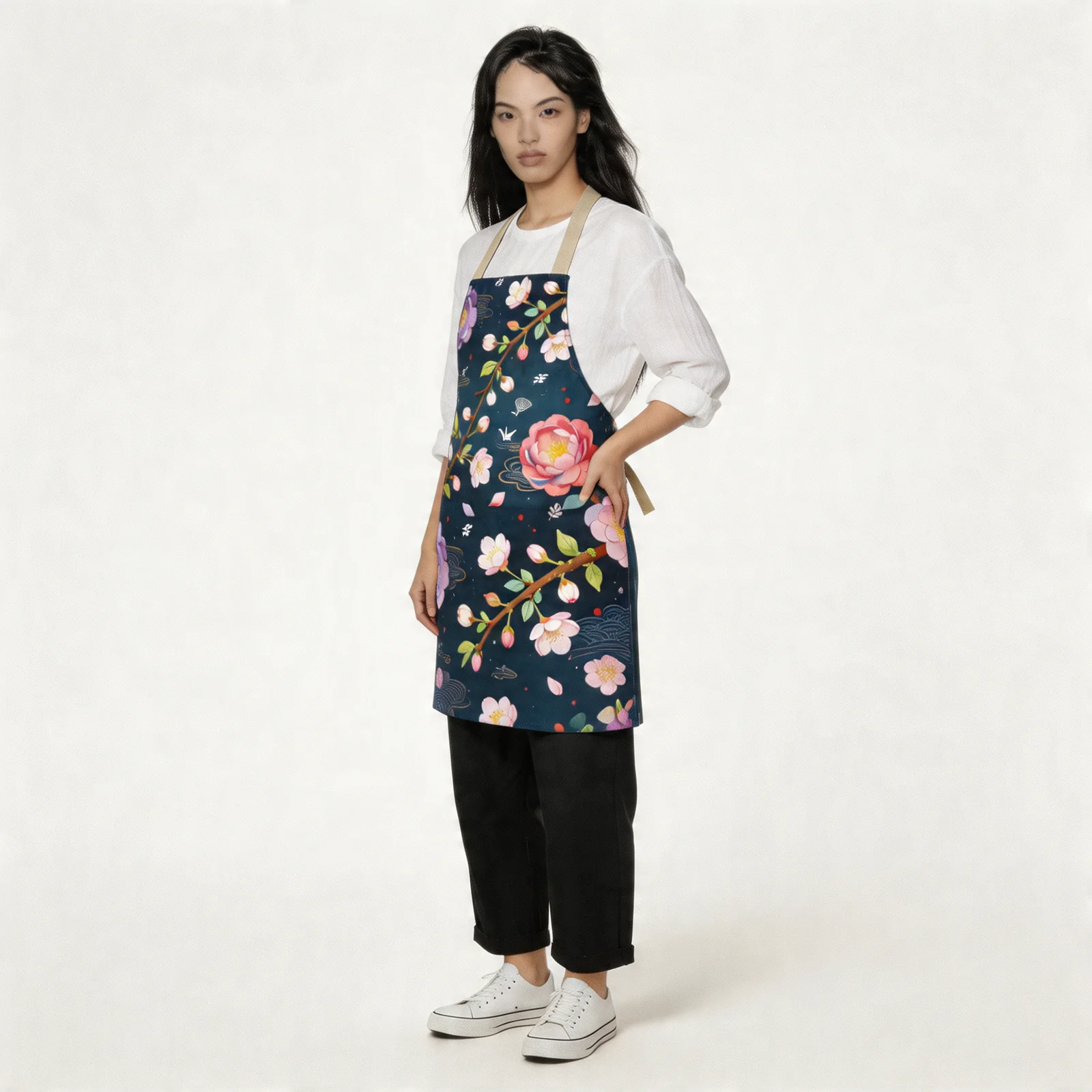 Night Sakura & Spring Breeze Harmony All-Over Print Apron — worn by model