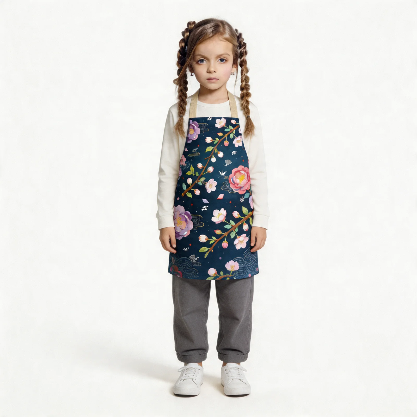 Night Sakura & Spring Breeze Harmony All-Over Print Apron — worn by young model