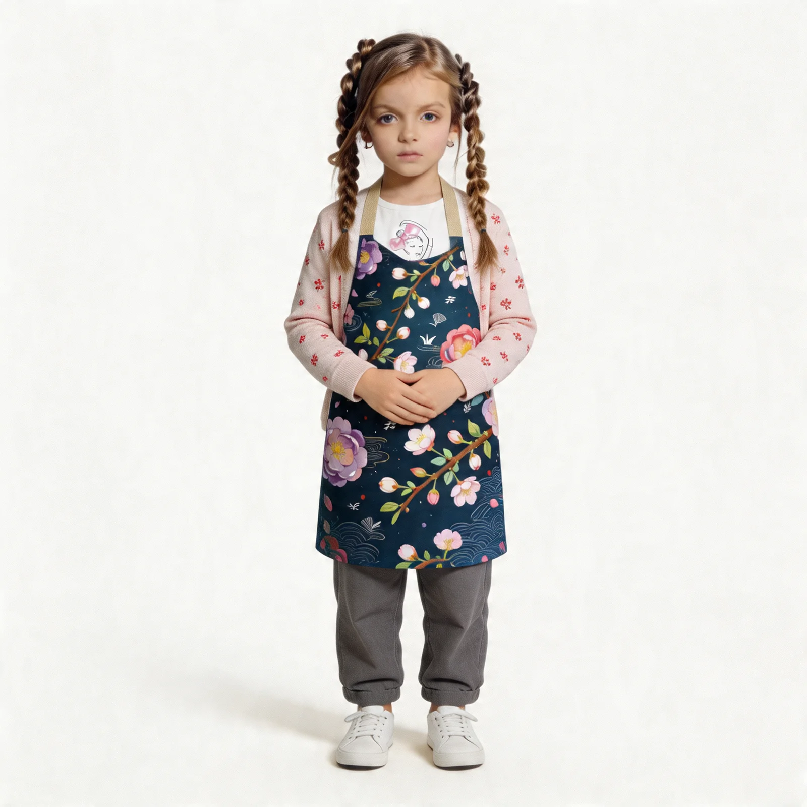 Night Sakura & Spring Breeze Harmony All-Over Print Apron — worn by young model