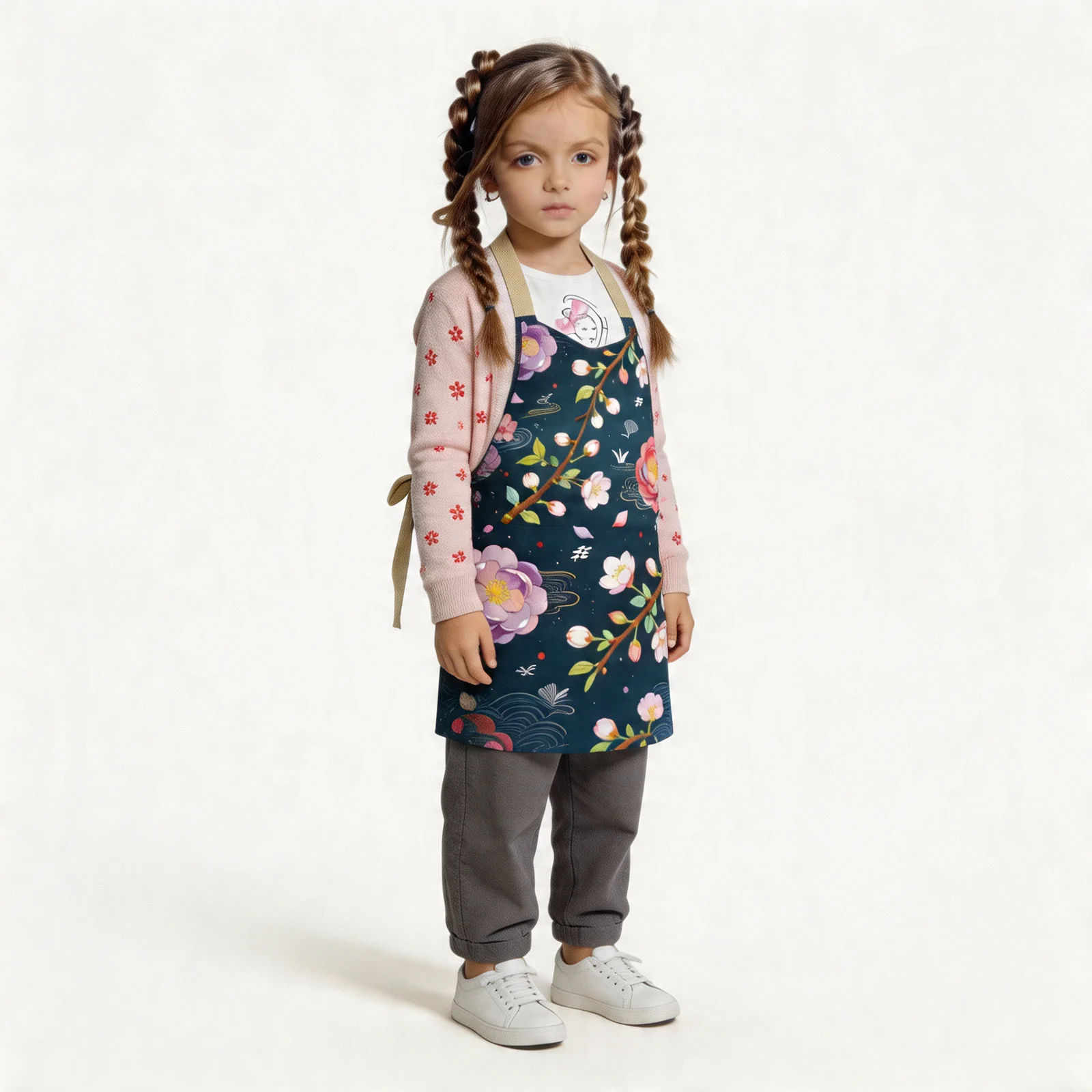 Night Sakura & Spring Breeze Harmony All-Over Print Apron — worn by young model
