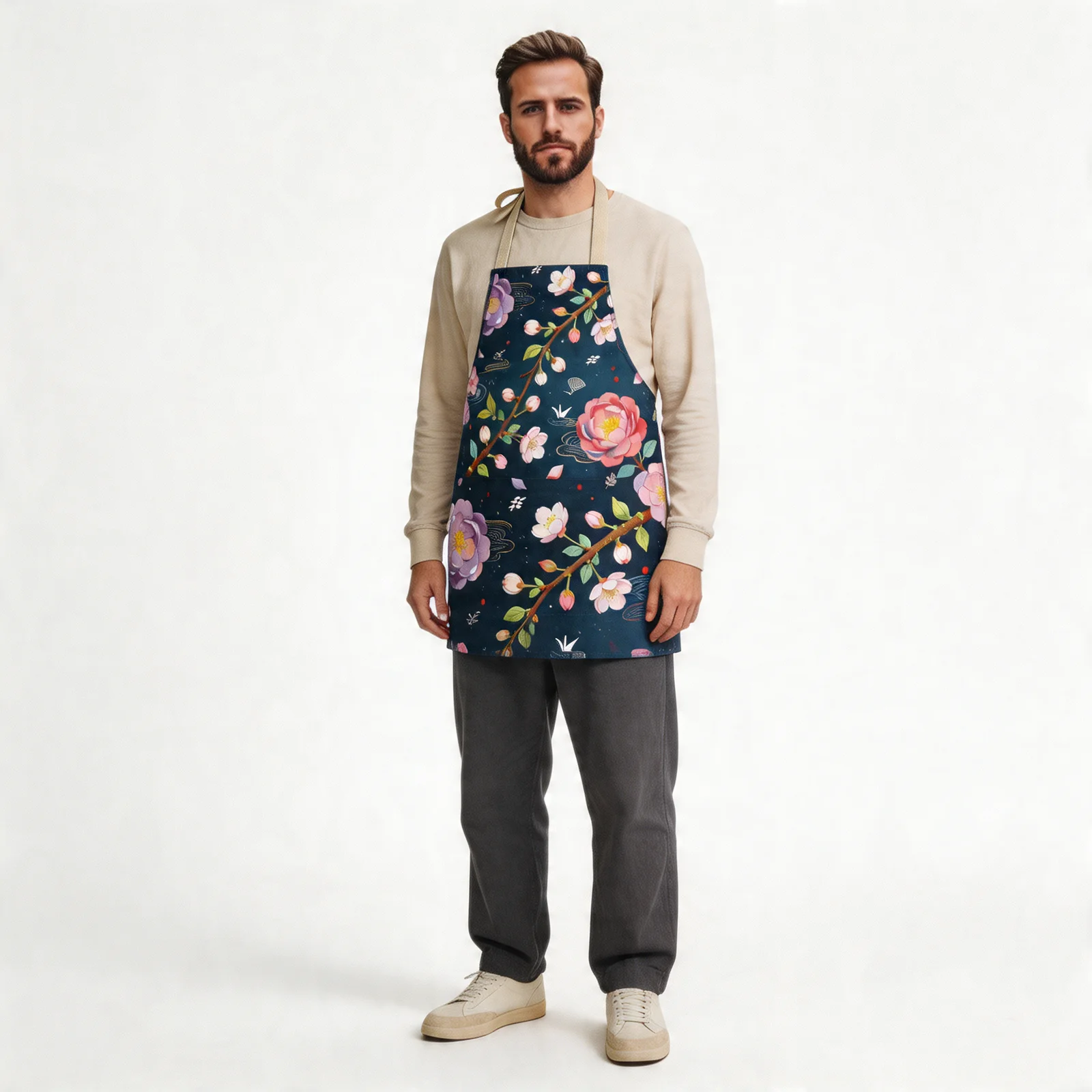 Night Sakura & Spring Breeze Harmony All-Over Print Apron — worn by model