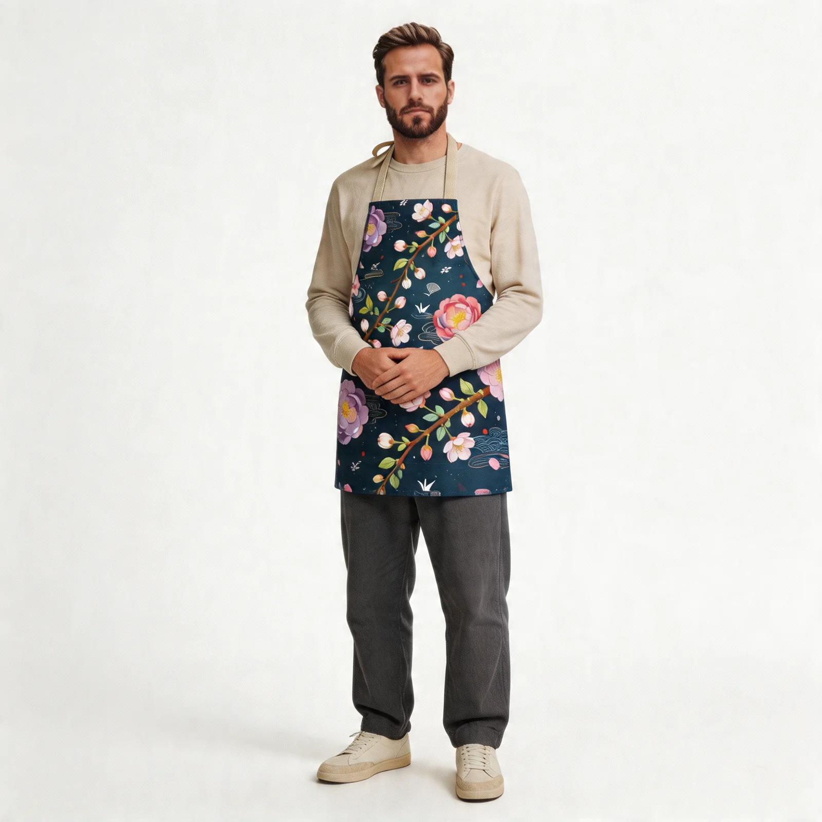 Night Sakura & Spring Breeze Harmony All-Over Print Apron — worn by model