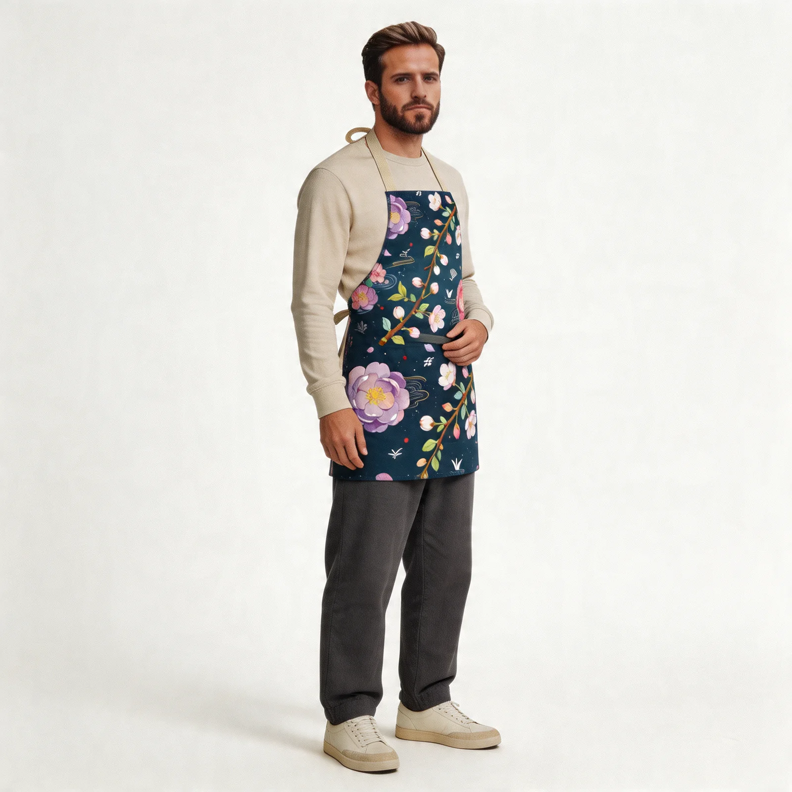 Night Sakura & Spring Breeze Harmony All-Over Print Apron — worn by model