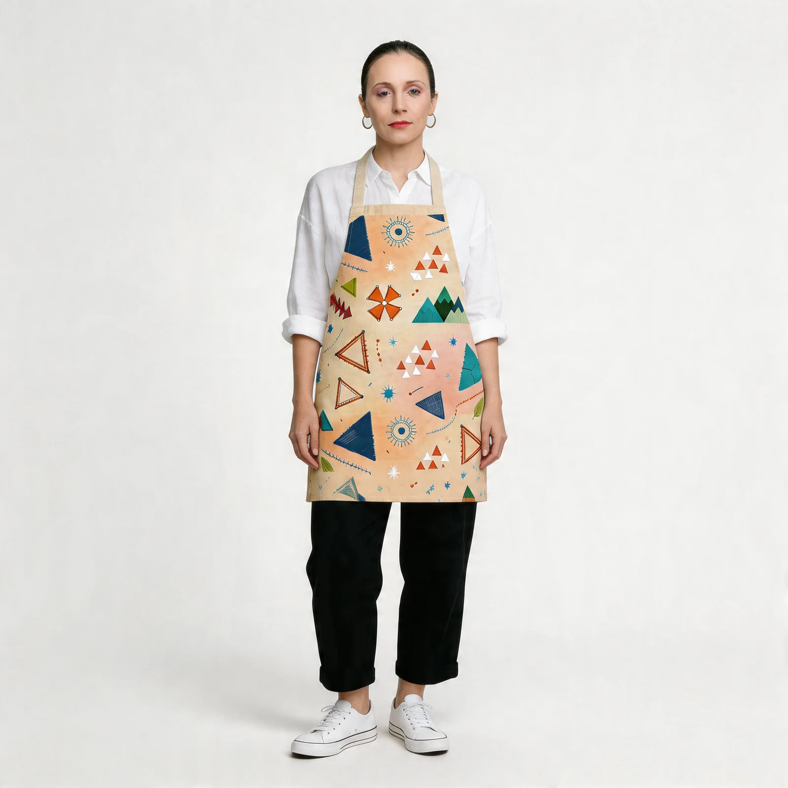 Nomad Triangles Boho Mosaic All-Over Print Apron — worn by model