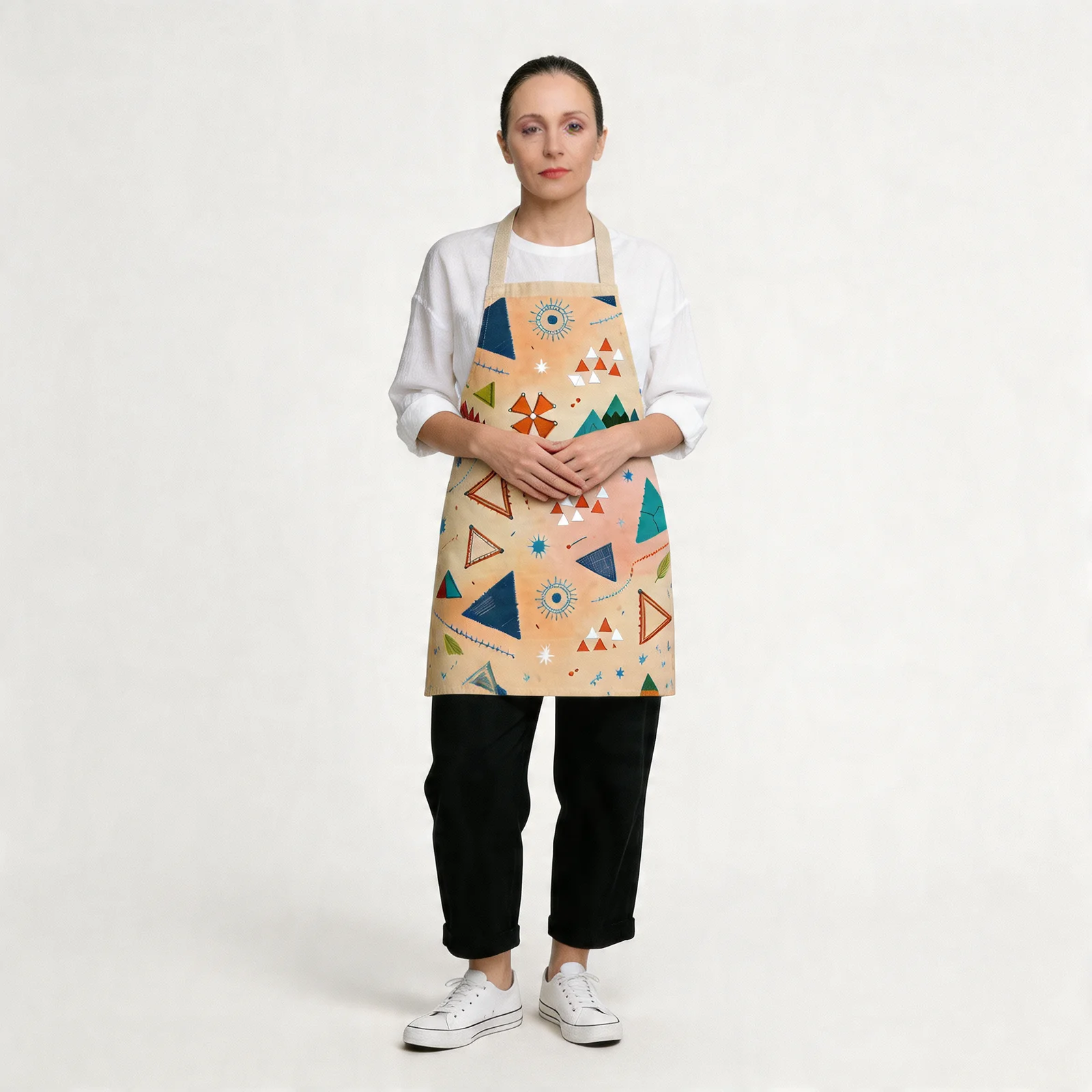 Nomad Triangles Boho Mosaic All-Over Print Apron — worn by model