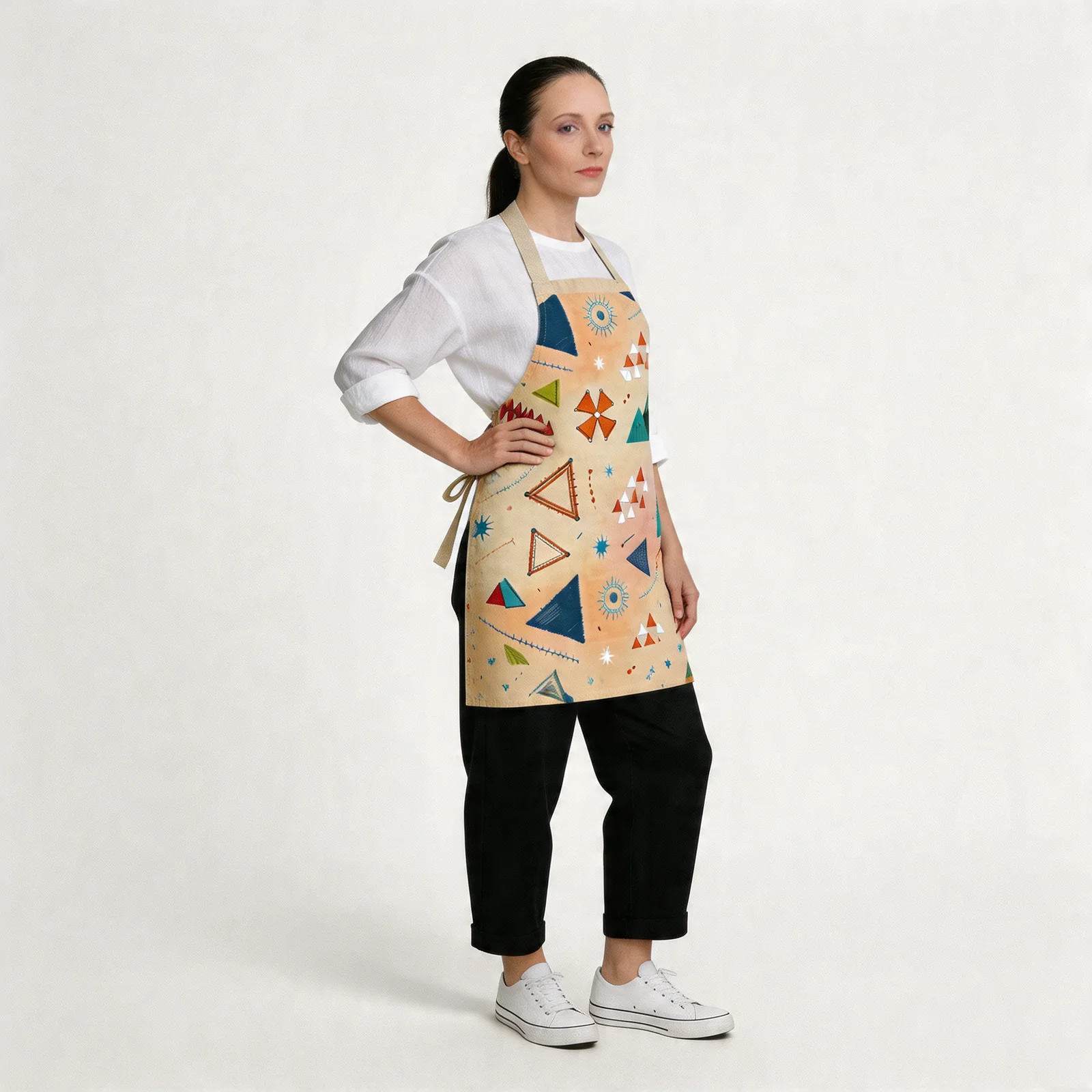 Nomad Triangles Boho Mosaic All-Over Print Apron — worn by model