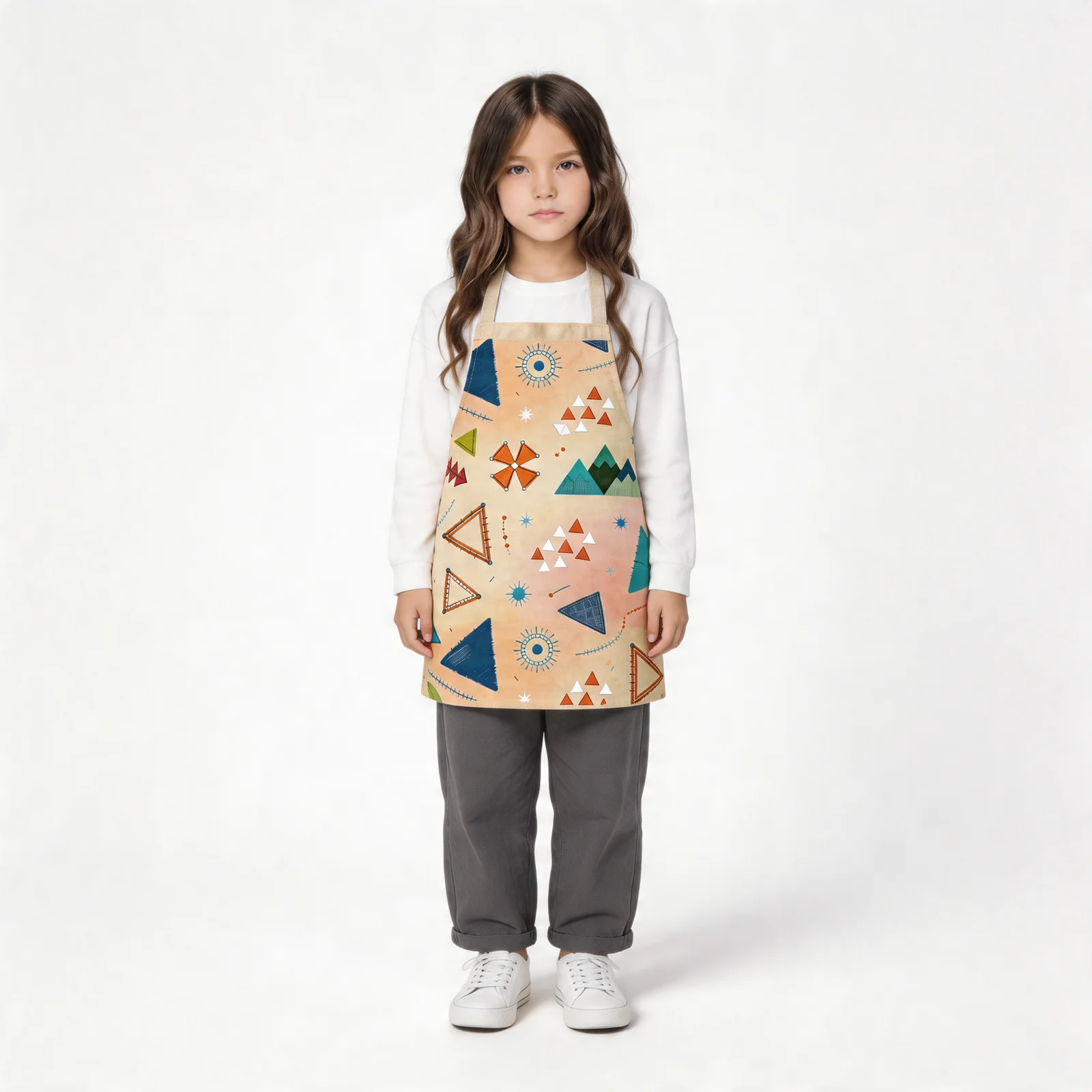 Nomad Triangles Boho Mosaic All-Over Print Apron — worn by young model