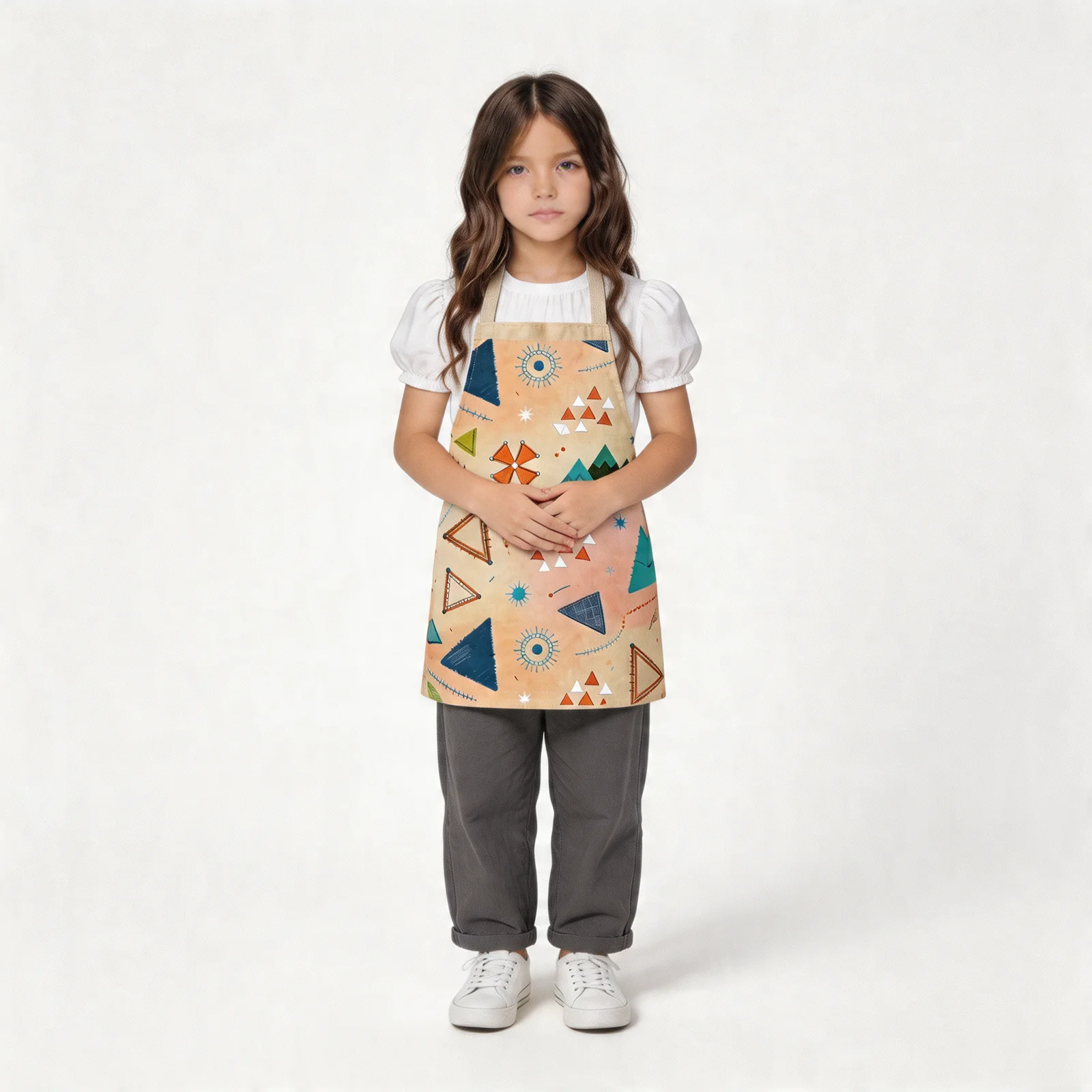 Nomad Triangles Boho Mosaic All-Over Print Apron — worn by young model