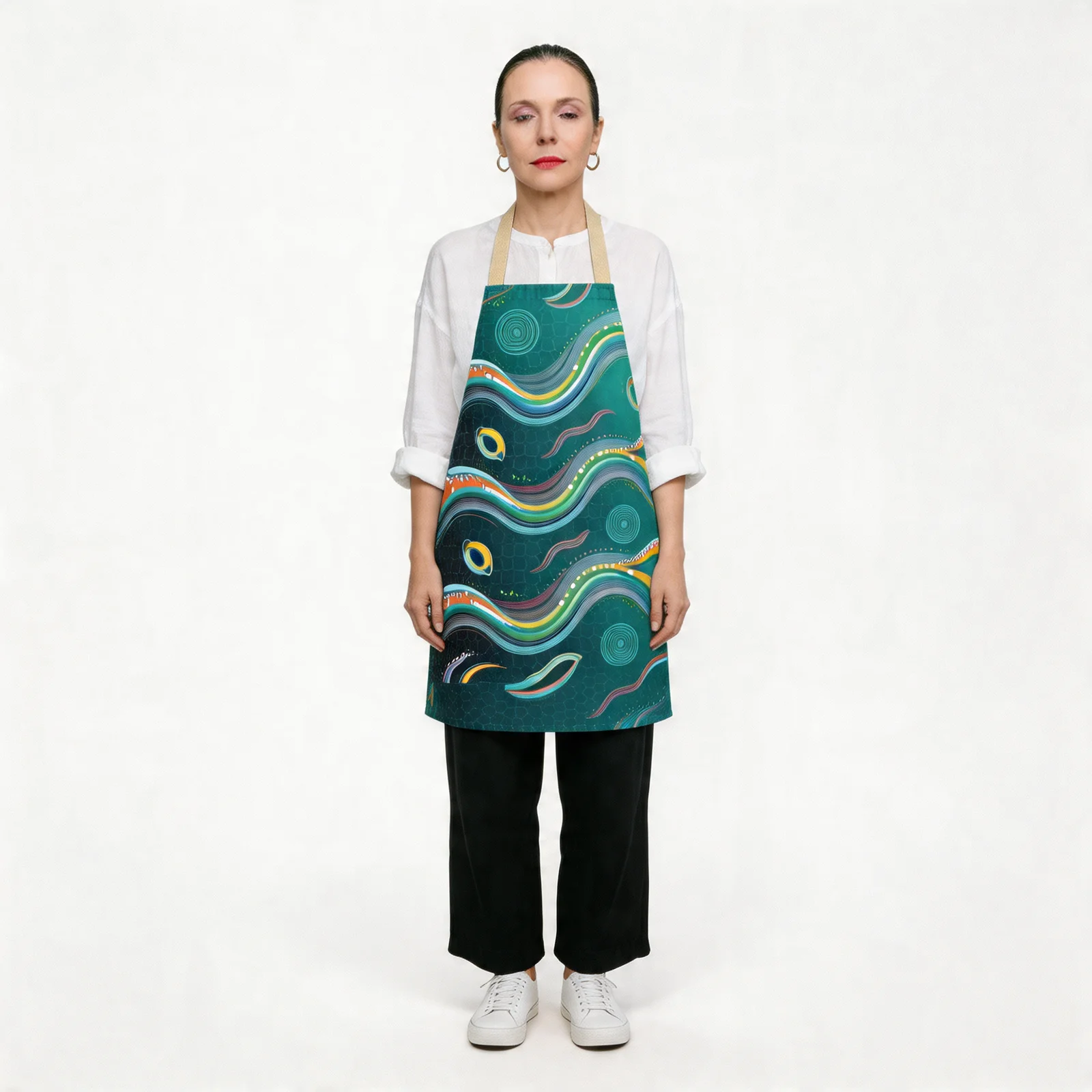 Arc Surge Abstract Wavefield All-Over Print Apron — worn by model