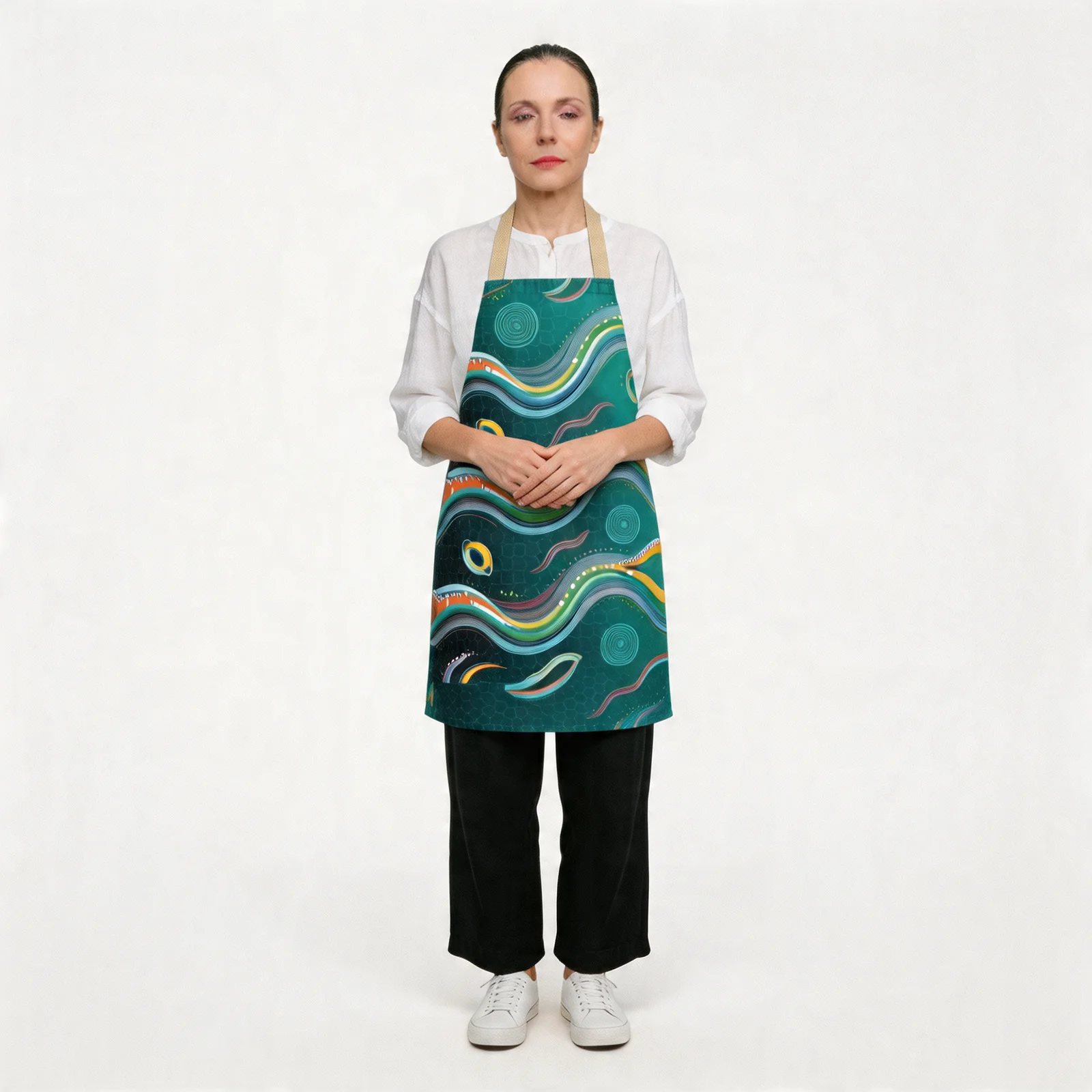 Arc Surge Abstract Wavefield All-Over Print Apron — worn by model