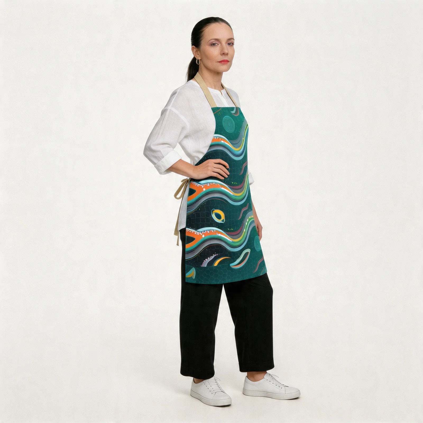 Arc Surge Abstract Wavefield All-Over Print Apron — worn by model