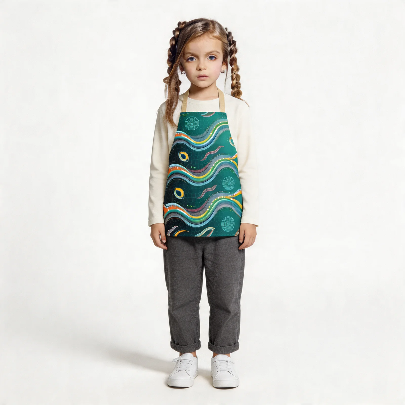 Arc Surge Abstract Wavefield All-Over Print Apron — worn by young model