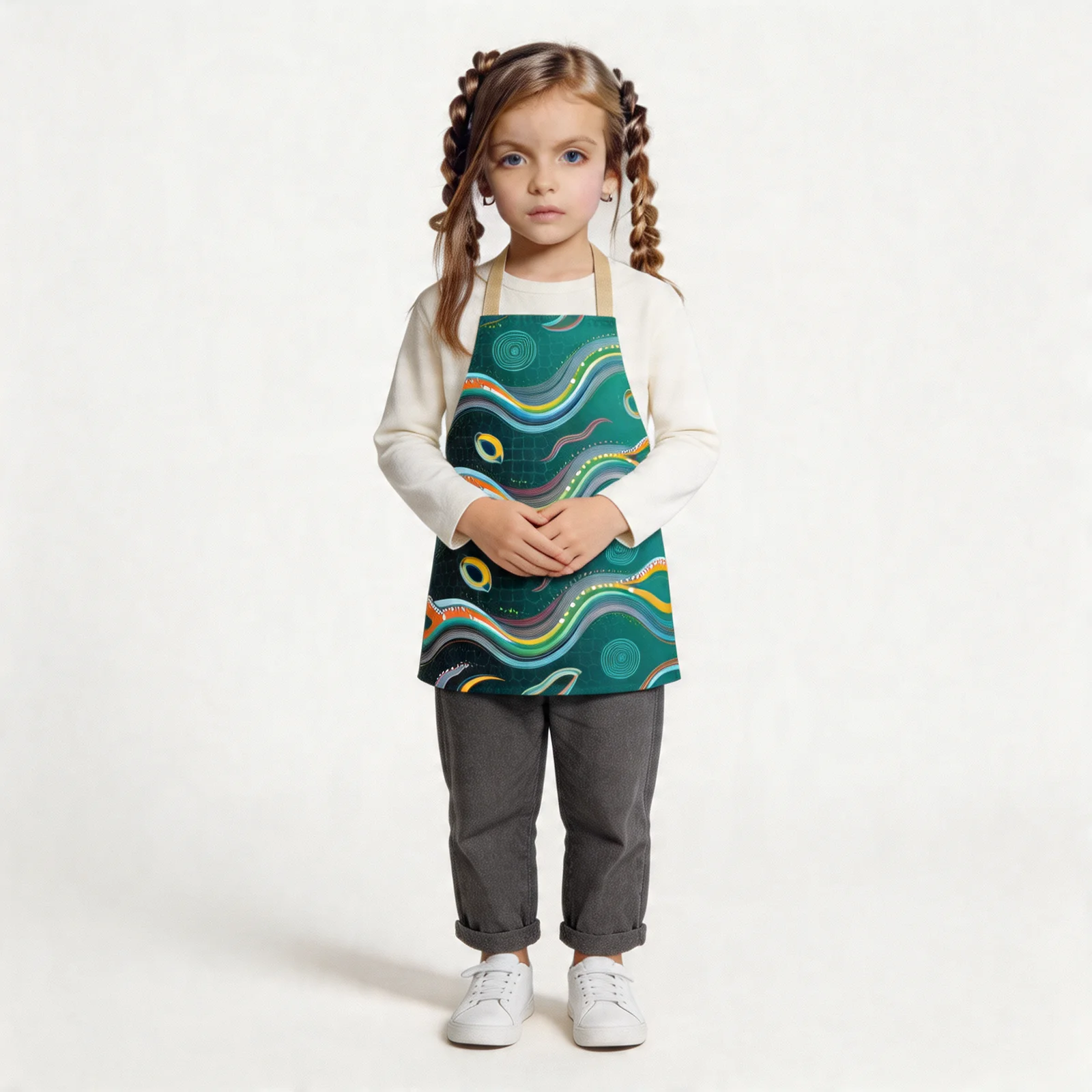 Arc Surge Abstract Wavefield All-Over Print Apron — worn by young model
