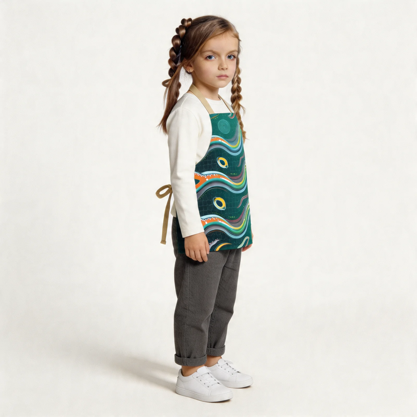 Arc Surge Abstract Wavefield All-Over Print Apron — worn by young model