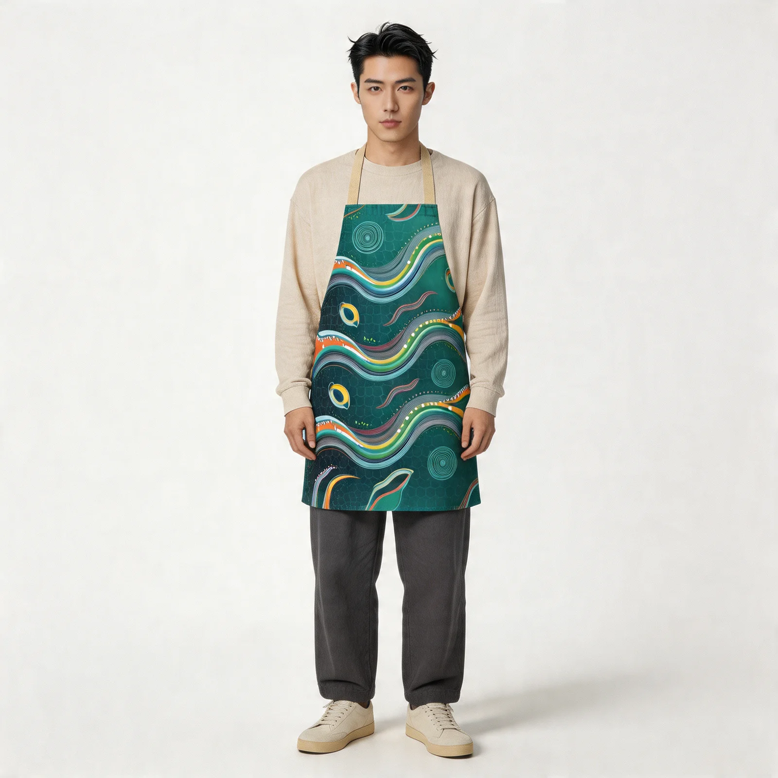 Arc Surge Abstract Wavefield All-Over Print Apron — worn by model