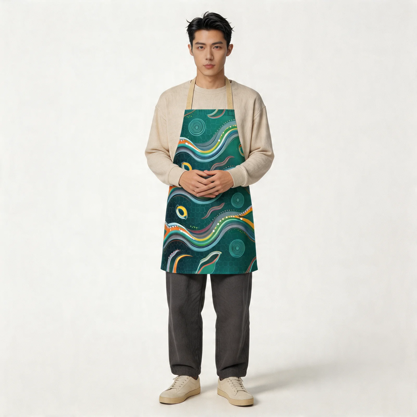 Arc Surge Abstract Wavefield All-Over Print Apron — worn by model