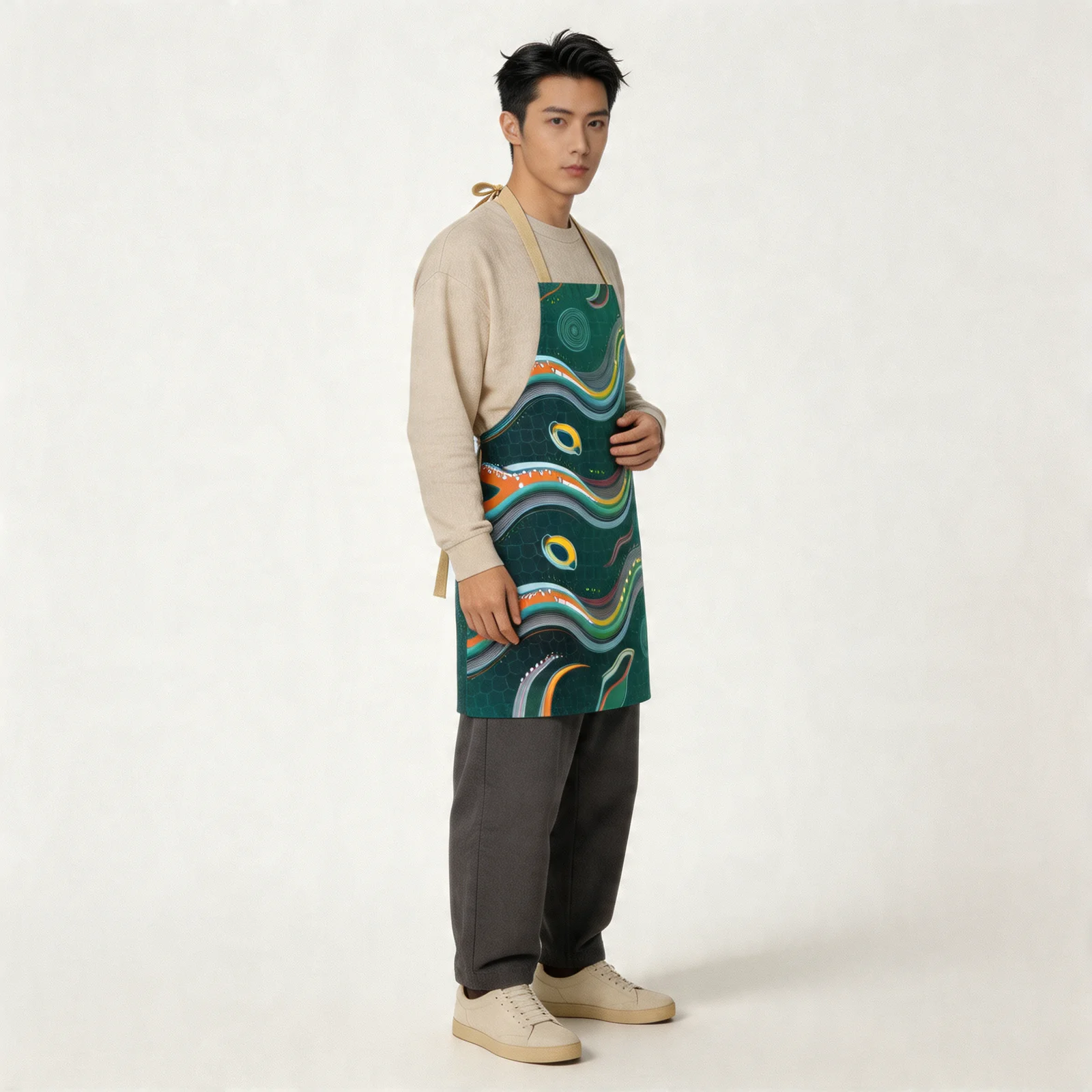 Arc Surge Abstract Wavefield All-Over Print Apron — worn by model