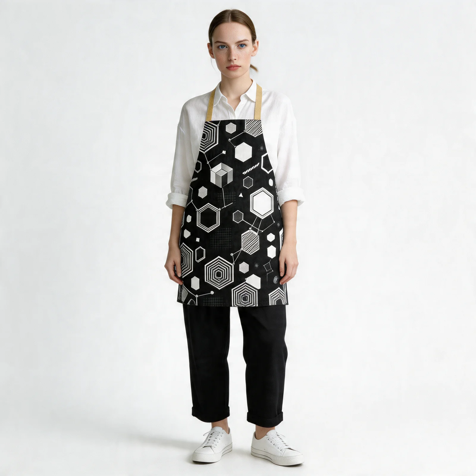 Monochrome Honeycomb Matrix All-Over Print Apron — worn by model