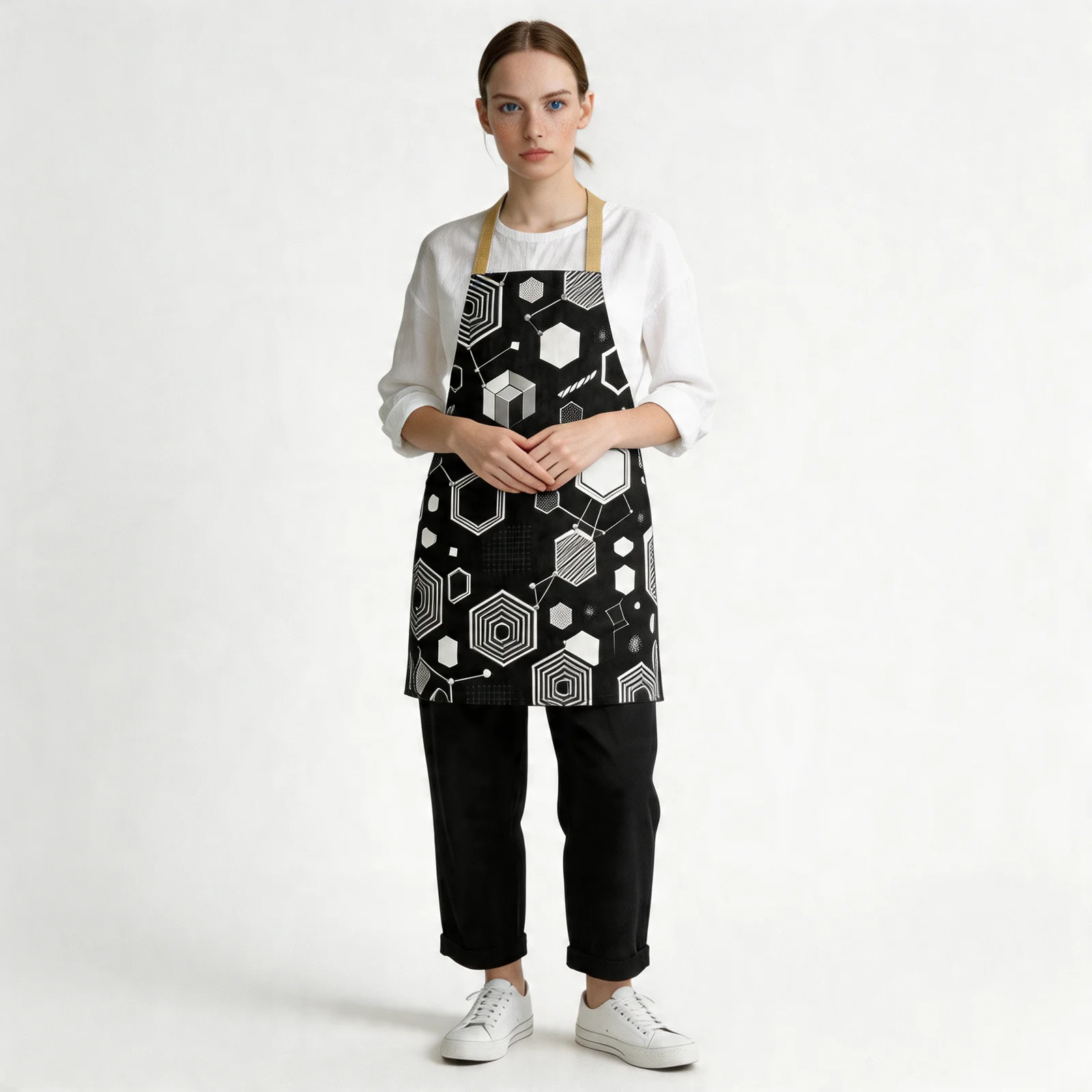 Monochrome Honeycomb Matrix All-Over Print Apron — worn by model